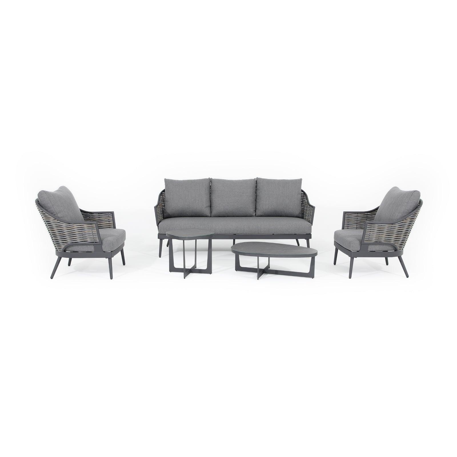 Burano Modern Wicker Outdoor Furniture, 5-Piece Grey wicker outdoor Sofa Set with aluminum frame, grey cushions, a three-seater sofa, 2 armchairs, 1 mixed set of tables - Jardina Furniture