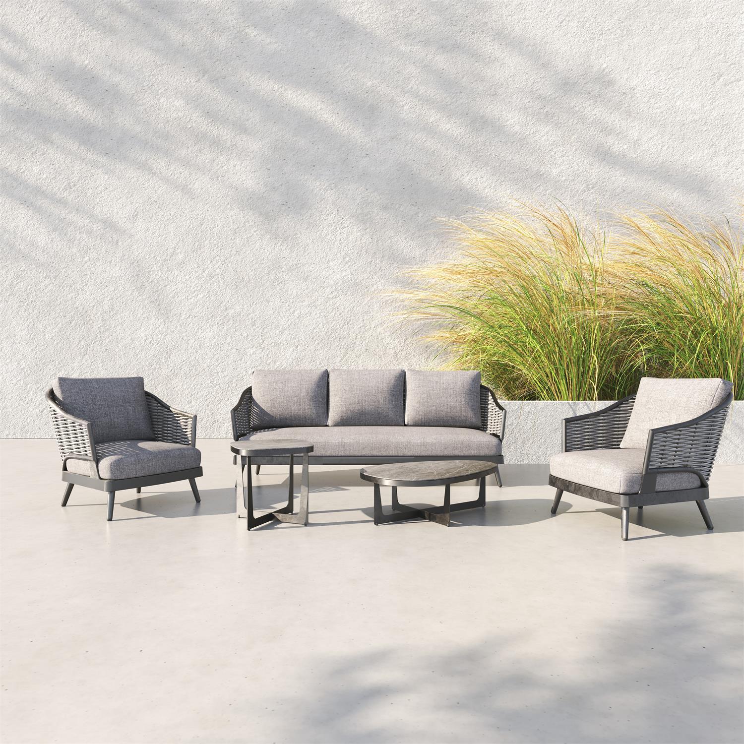 Burano Modern Wicker Outdoor Furniture, 5-Piece Grey wicker outdoor Sofa Set with aluminum frame, grey cushions, a three-seater sofa, 2 arm chairs , 1 mixed set of tables, put in a backyard- Jardina Furniture -1