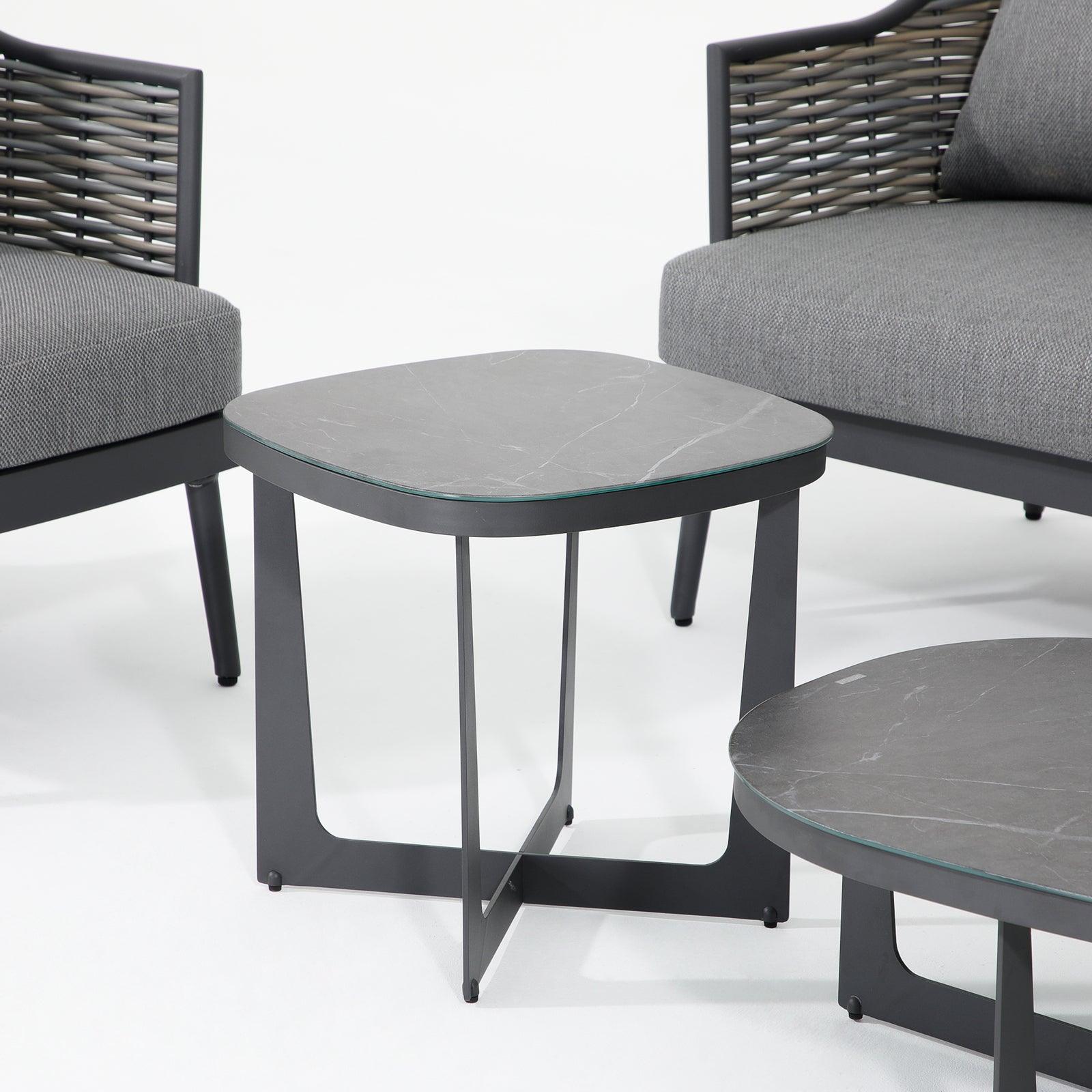 Burano Grey wicker outdoor glass table with aluminum frame, front - Jardina Furniture -3