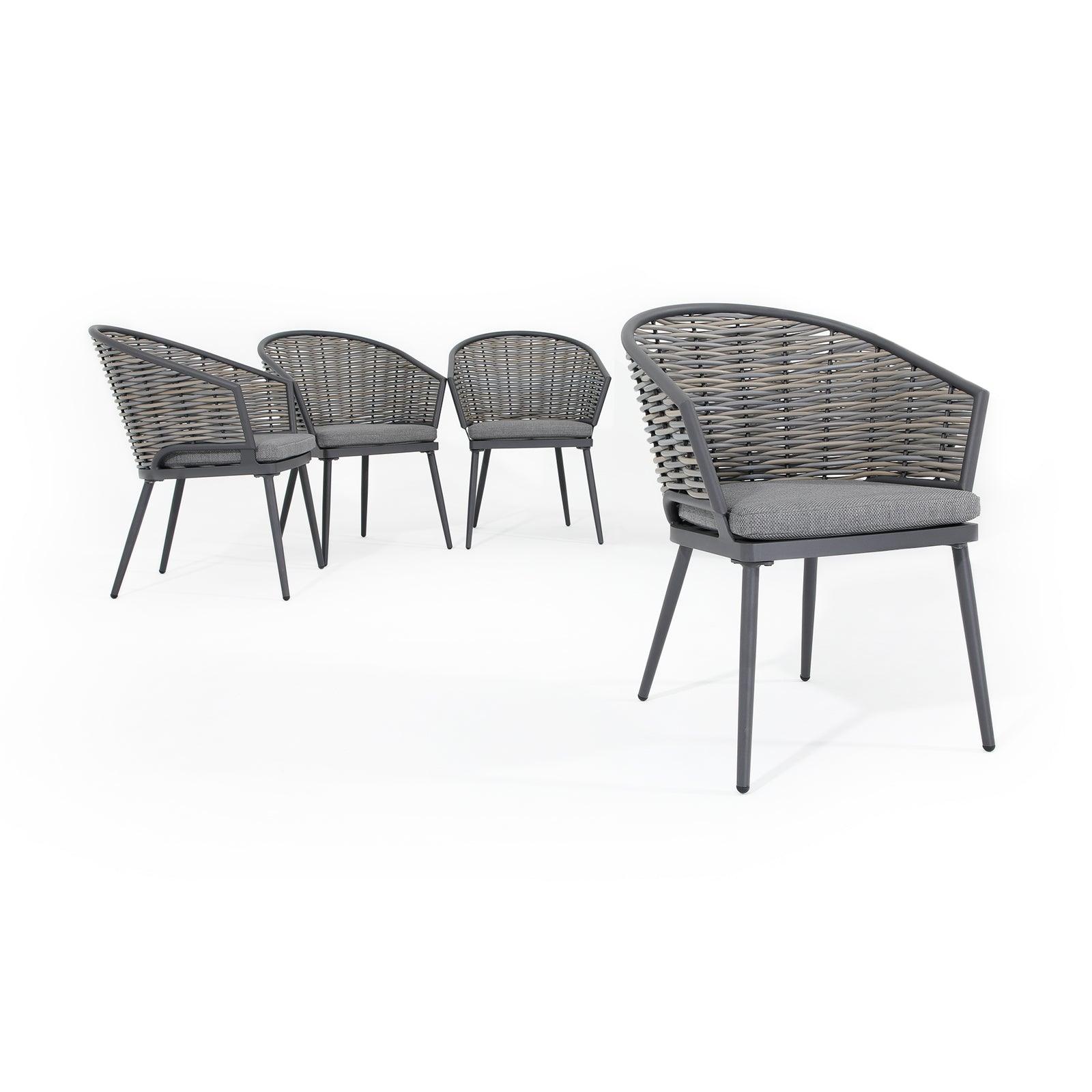 Burano Modern HDPE Wicker Outdoor Furniture, Grey wicker outdoor Dining chairs, aluminum frame, grey cushions, 4 chairs - Jardina Furniture #Pieces_4-pc.