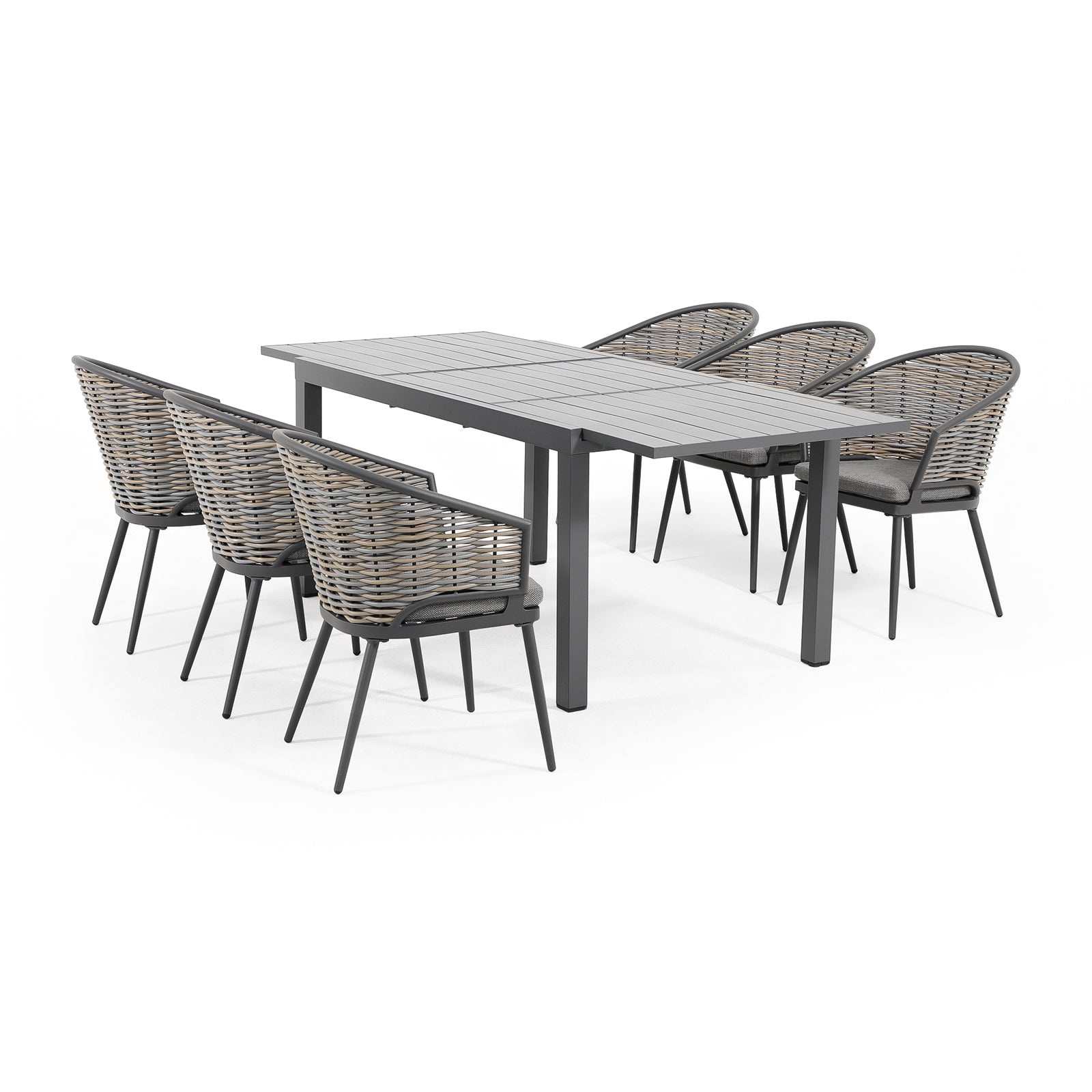 Burano Grey wicker outdoor Dining Set with aluminum frame, 6 chairs with grey cushions, 1 aluminum extendable rectangle dining Table, white background - Jardina Furniture#Piece_7-pc.