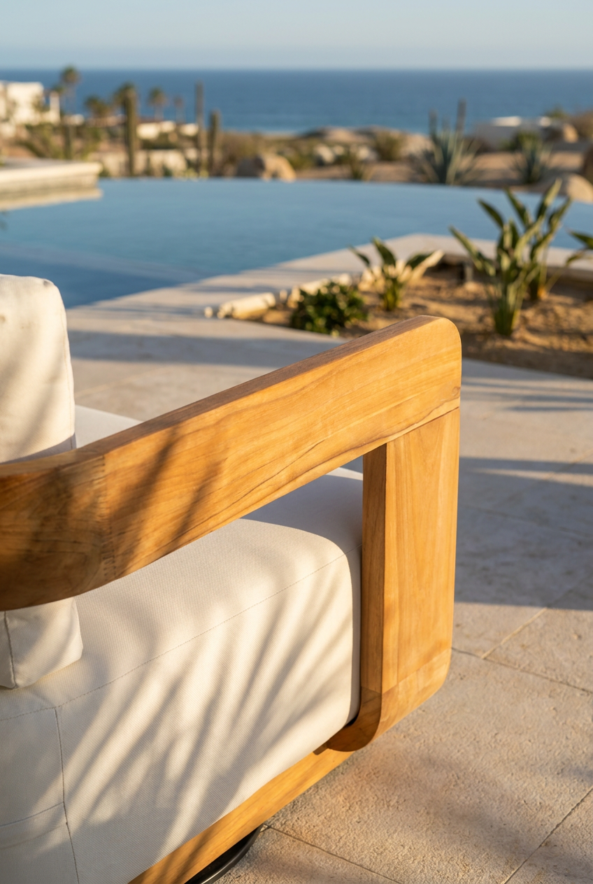 A close-up of a modern outdoor armchair with a light wood frame and off-white cushion, set on a stone patio overlooking an infinity pool and the ocean.