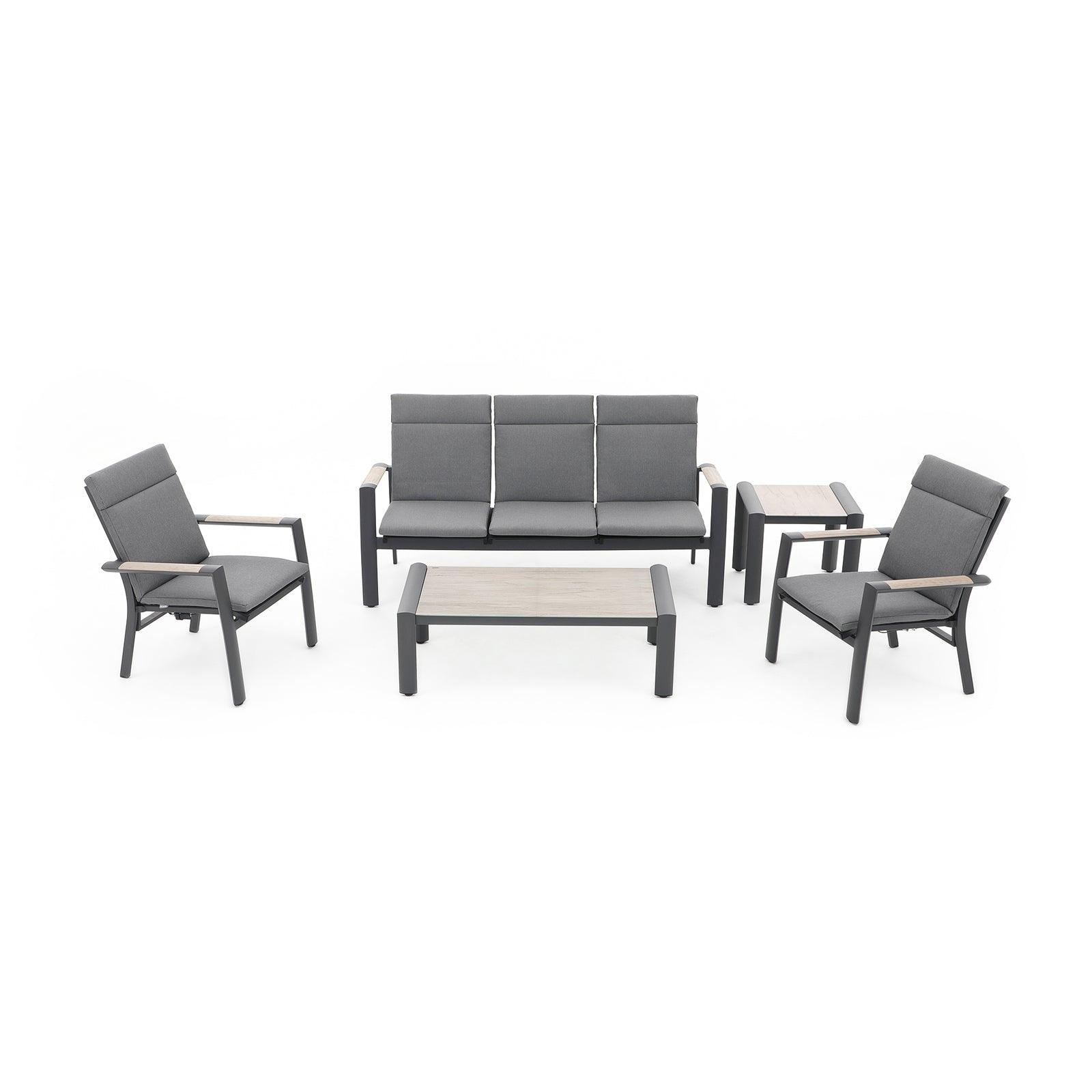 Capri Modern Aluminum Outdoor Furniture, 5-Piece grey outdoor conversation set with grey cushions, 1 three-seater sofa with adjustable backrest, 2 armchairs with adjustable backrest, 1 rectangle coffee table, 1 square side table, white background - Jardina Furniture