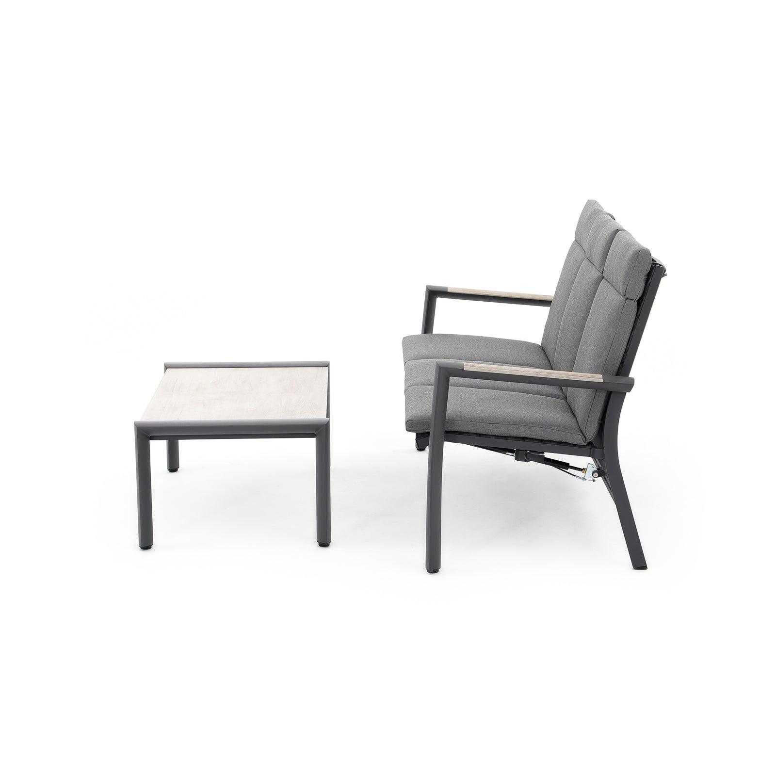 Capri adjustable 3-seater outdoor Sofa with grey cushions + 1 rectangle coffee table with glass top, white background- Jardina Furniture