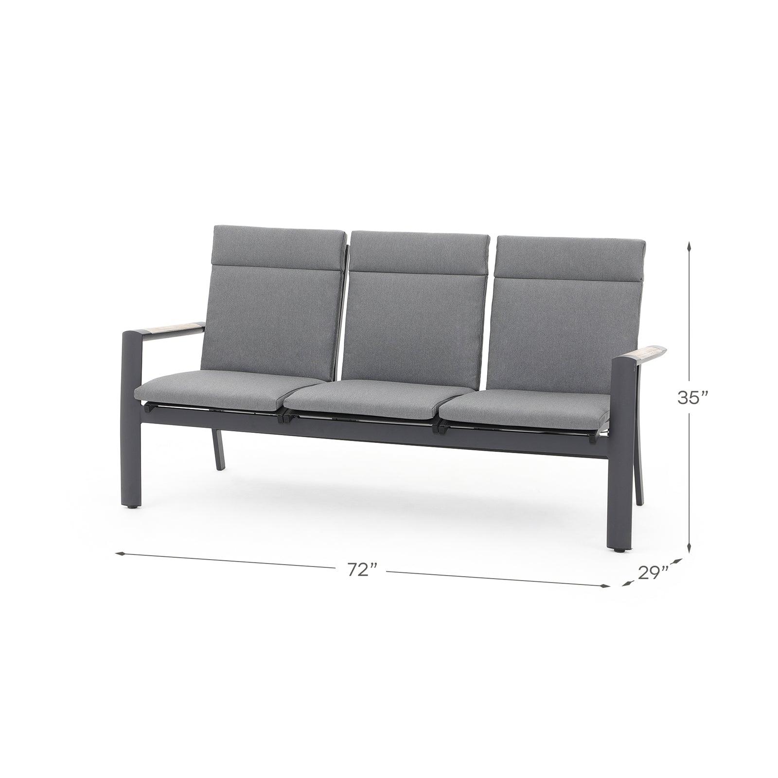 Capri grey adjustable outdoor Sofa with aluminum frame, grey cushions, Dimension - Jardina Furniture