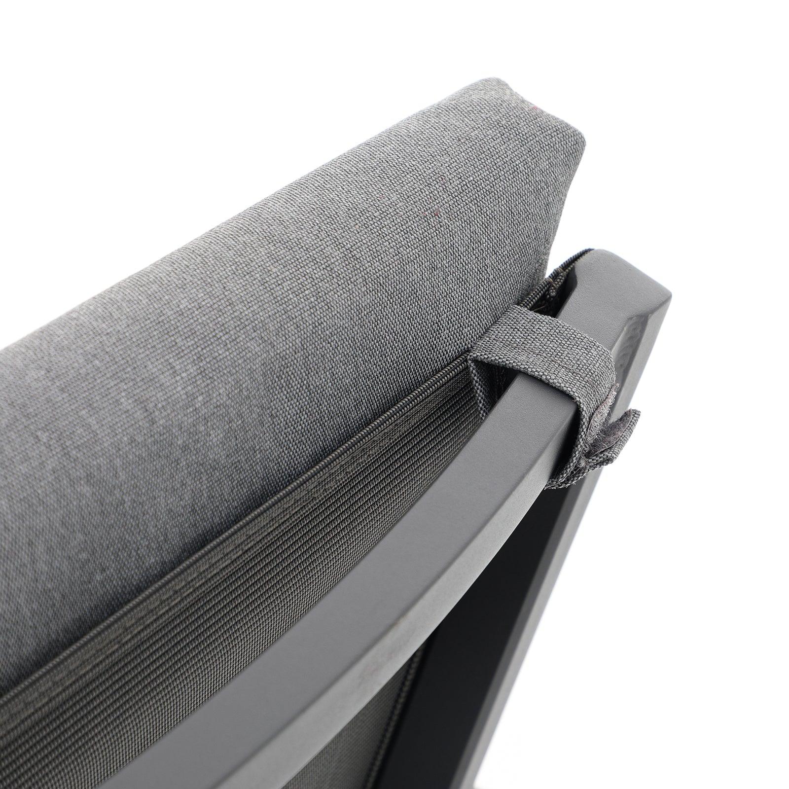 Capri grey outdoor armchair cushion detail, cushion can be strapped to the back of the chair - Jardina Furniture