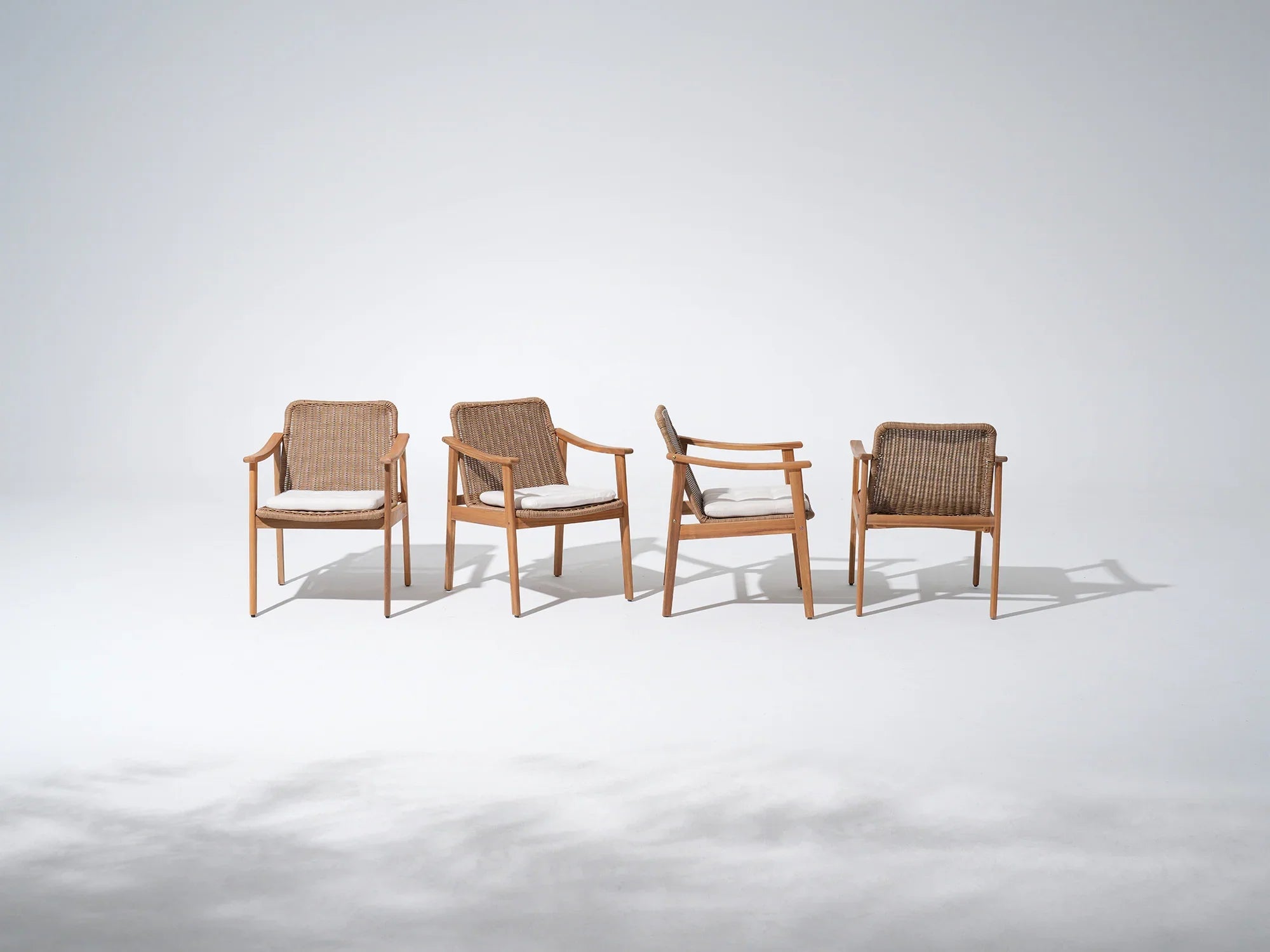 acacia Wood Outdoor Dining Chairs, Handwoven Rattan Design, White seat Cushions, 4 chairs - Jardina Premium Modern Outdoor Dining Furniture