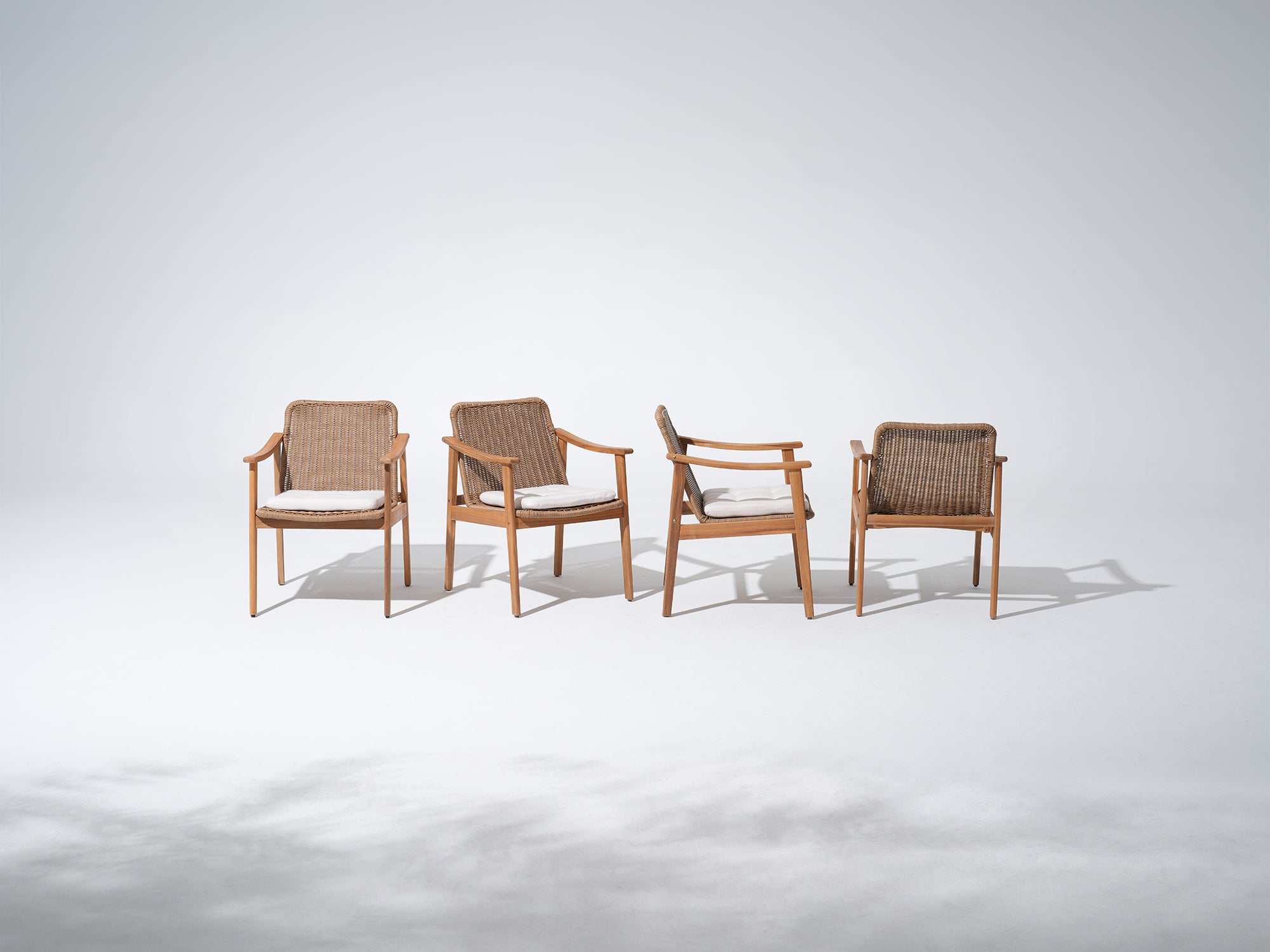 acacia Wood Outdoor Dining Chairs, Handwoven Rattan Design, White seat Cushions, 4 chairs - Jardina Premium Modern Outdoor Dining Furniture