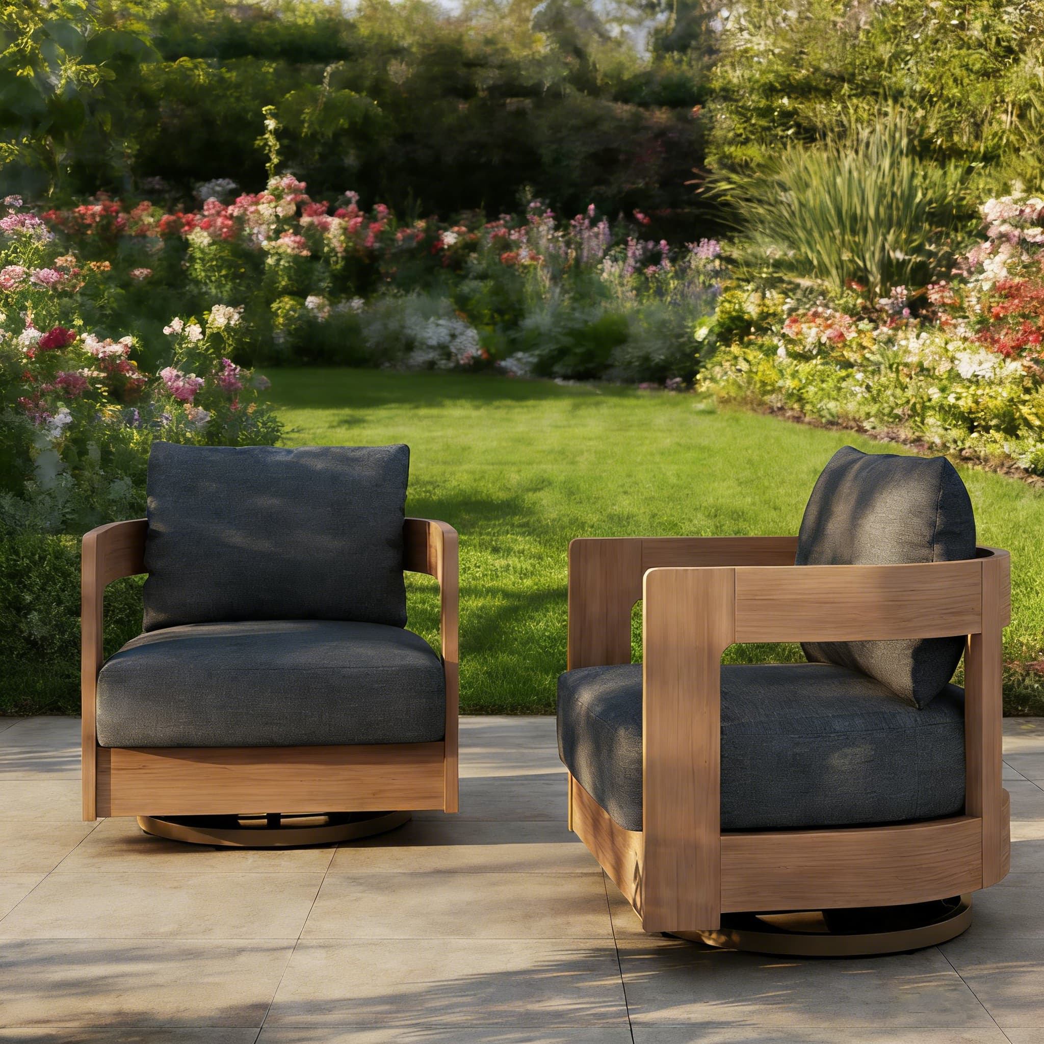 Sova Wood Outdoor Sofa Set with Swivel Chairs & Two Tables,Eucalyptus wood, Black Cushions