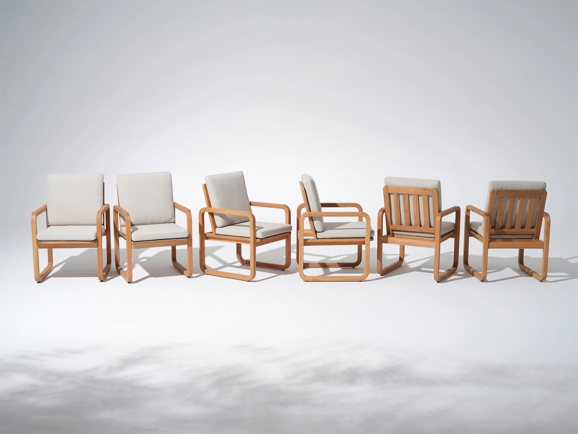Six acacia wooden dining chairs with white cushions - Jardina Premium Modern Outdoor Dining Furniture