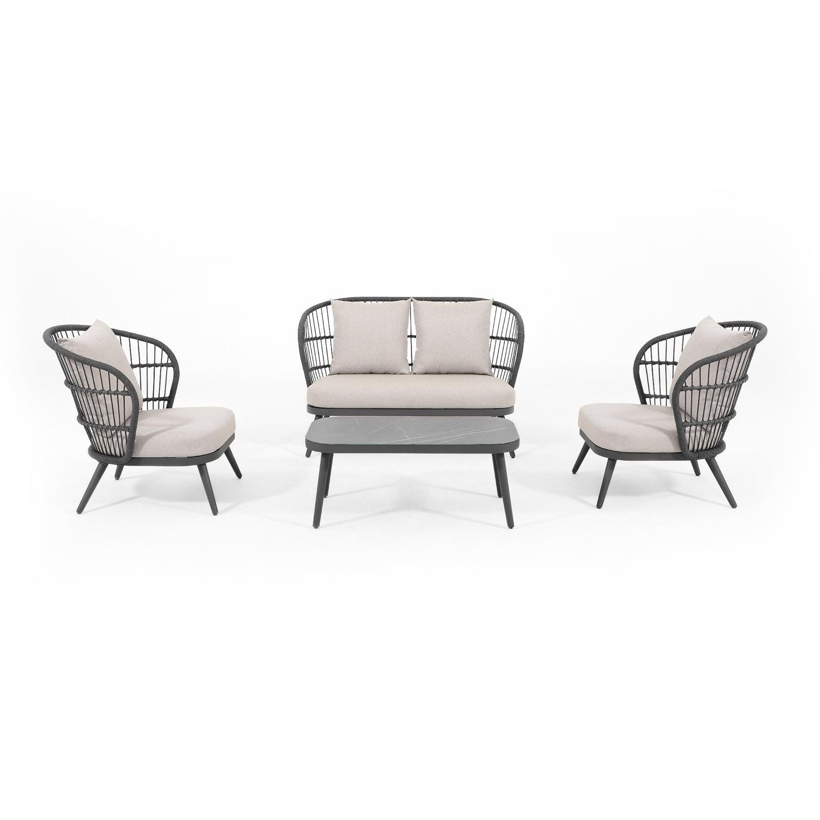 Comino Modern Rope Outdoor Furniture, 4-Piece dark grey Sofa Set with aluminum frame and backrest rope design and light grey cushions, including a loveseat, 2 armchairs, 1 coffee table - Jardina Furniture