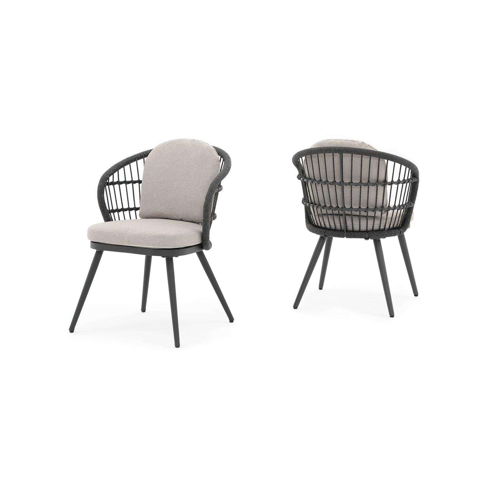Comino 2-Piece dark grey aluminum dining chairs with backrest rope design and light grey cushions, Side and Back Angle view- Jardina Furniture#Pieces_2-pc.