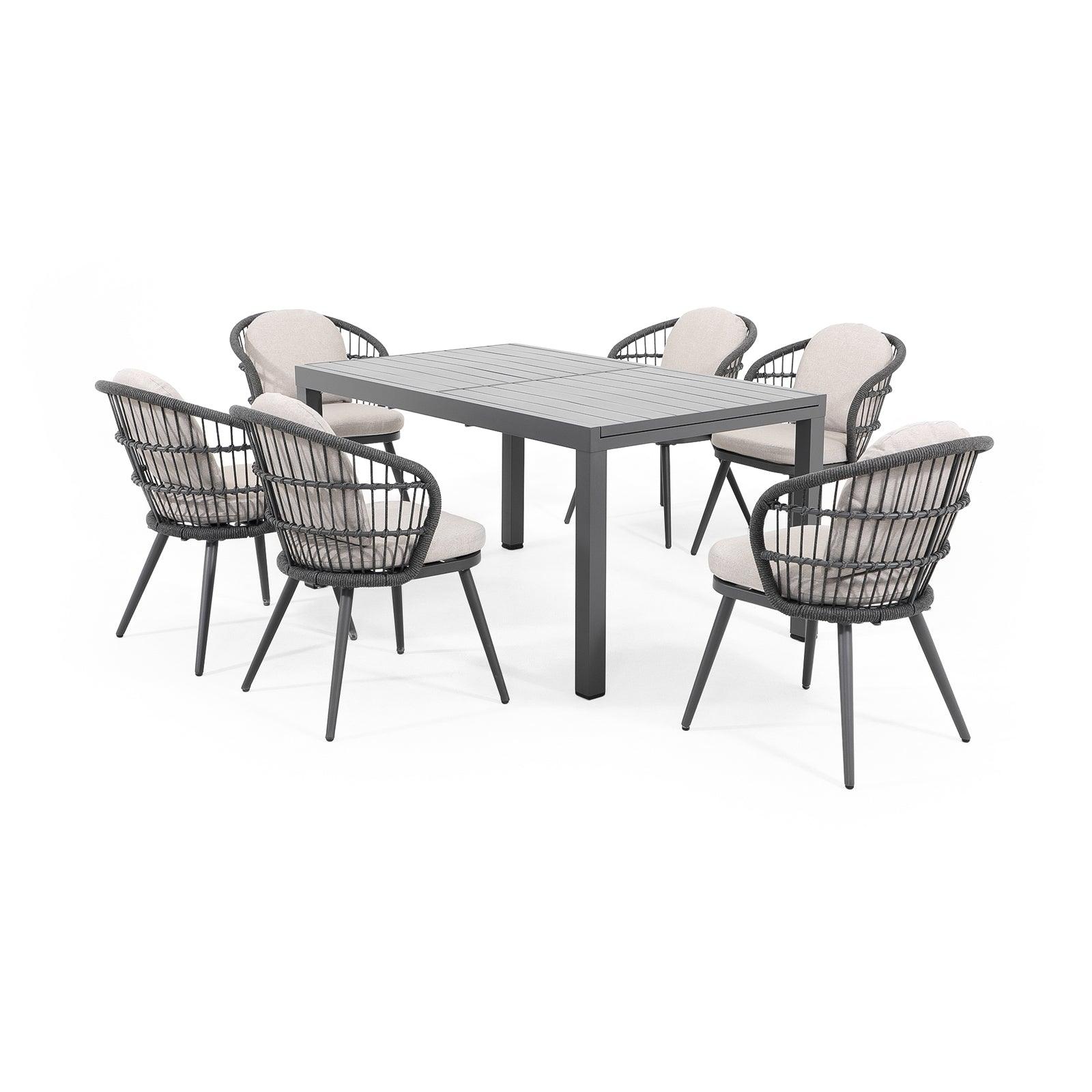 Comino dark grey aluminum outdoor Dining Set for 6 with light grey cushions, 6 dining seats with backrest rope design, 1 extendable rectangle aluminum dining table - Jardina Furniture#Pieces_7-pc.