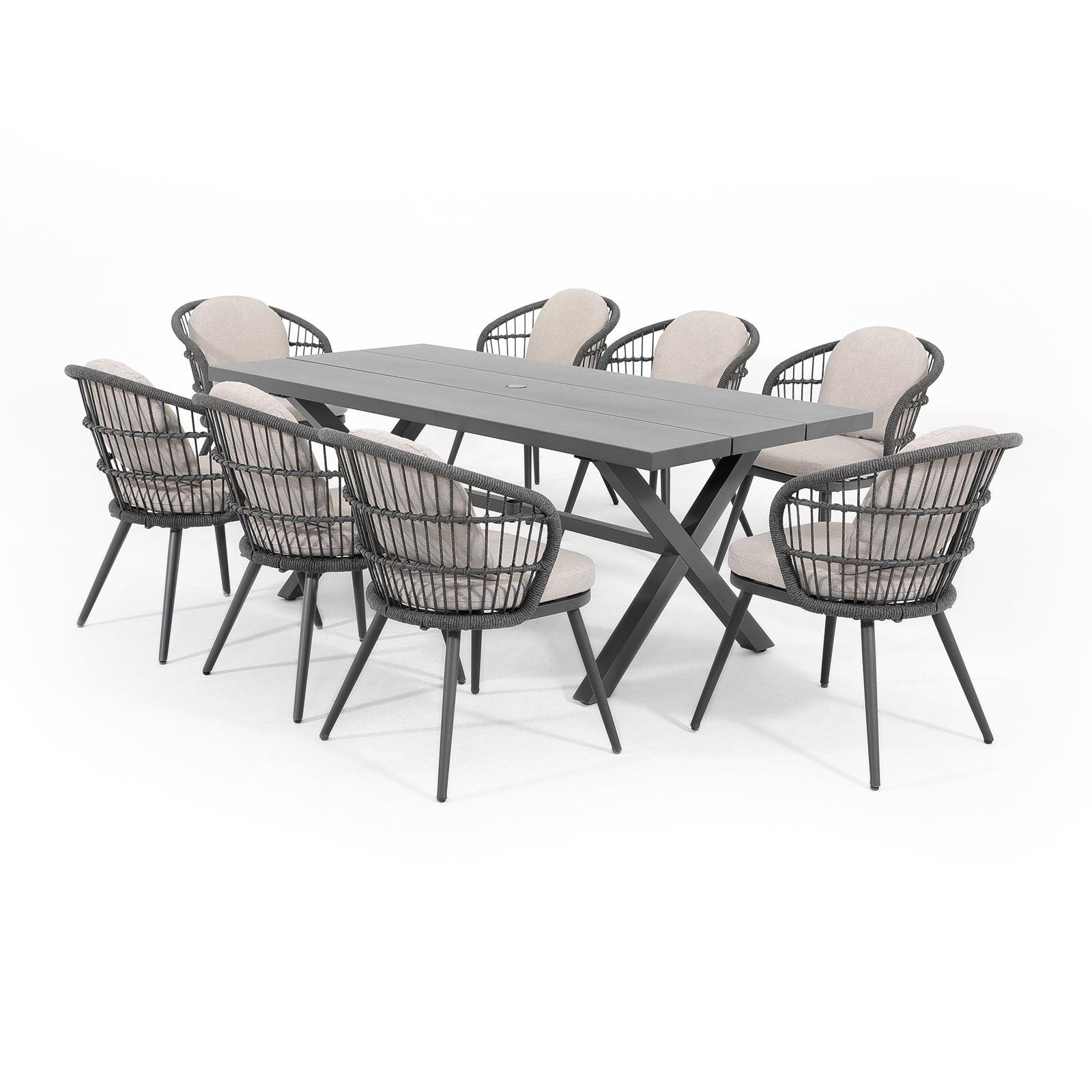 Comino Modern Rope Outdoor Furniture, dark grey aluminum frame outdoor Dining Set for 8 with light grey cushions, 8 dining seats with backrest rope design, 1 rectangle aluminum dining table with x-shaped legs - Jardina Furniture#Pieces_9-pc.
