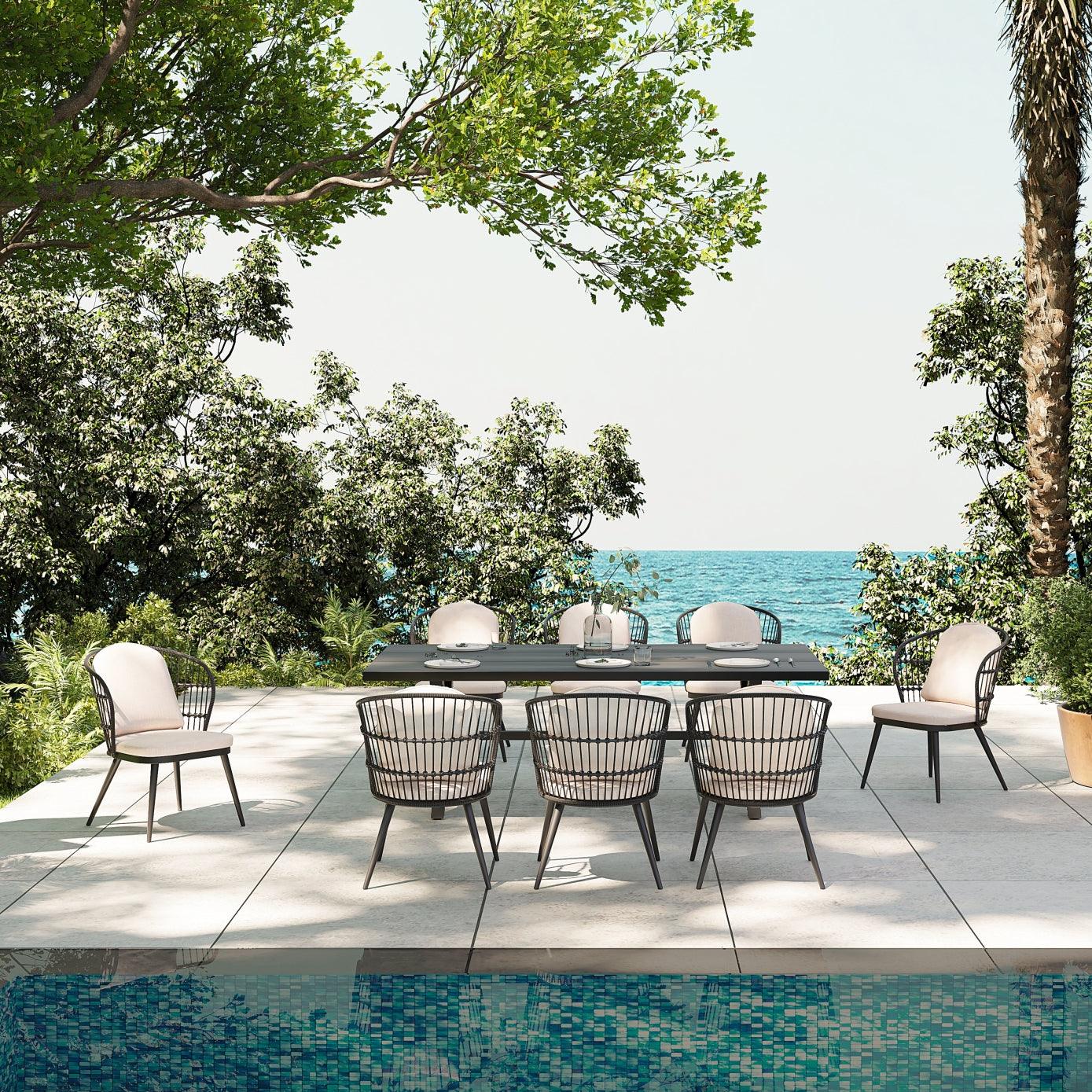 Comino dark grey aluminum outdoor Dining Set for 8 with light grey cushions, 8 dining seats with backrest rope design, 1 rectangle aluminum dining table with x-shaped legs, under the tree - Jardina Furniture#Pieces_9-pc.