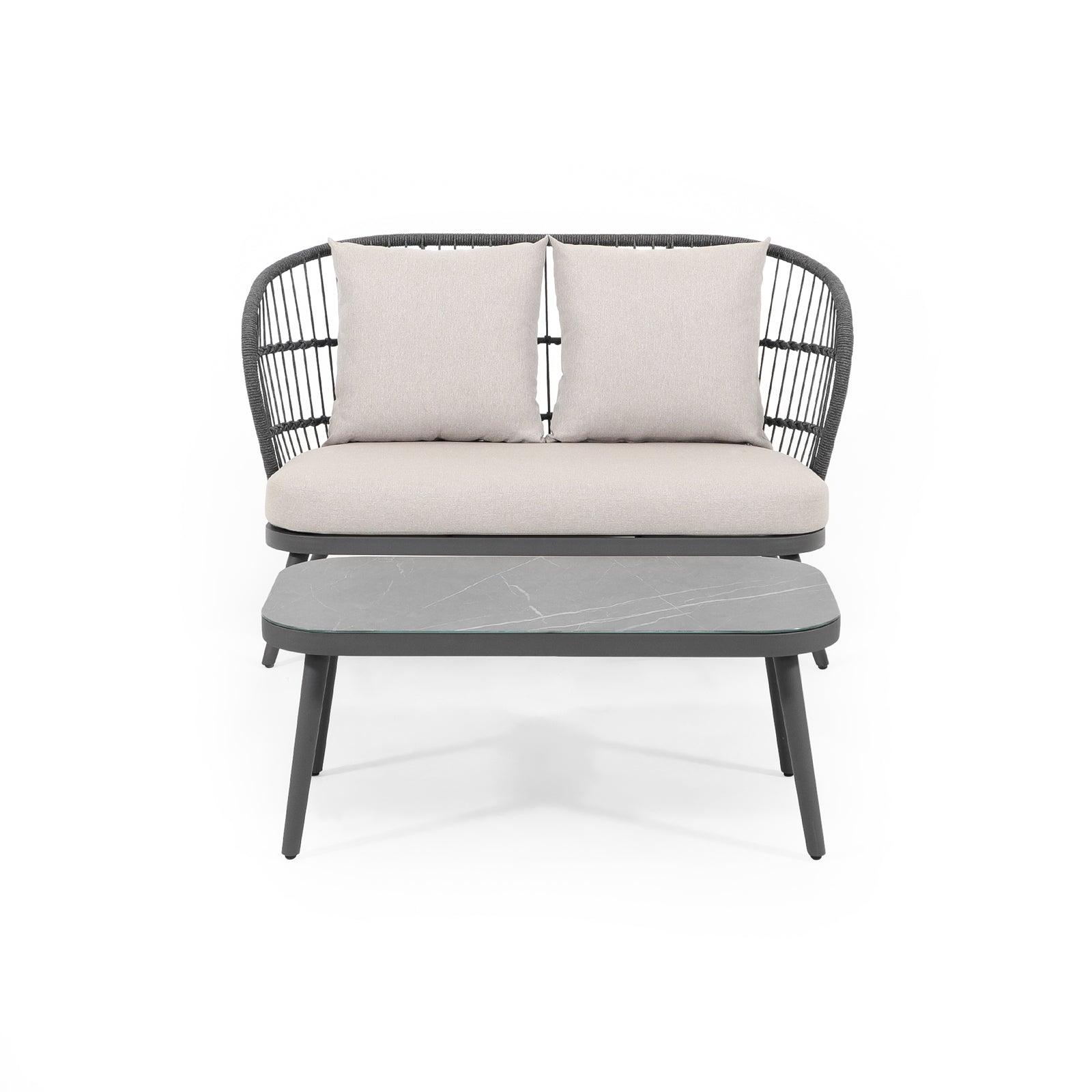 Comino Modern Rope Outdoor Furniture, 2-piece dark grey loveseat set with aluminum frame, backrest rope design, light grey cushions, 1 loveseat, 1 Ceramic Tempered Glass Tabletop Coffee Table - Jardina Furniture