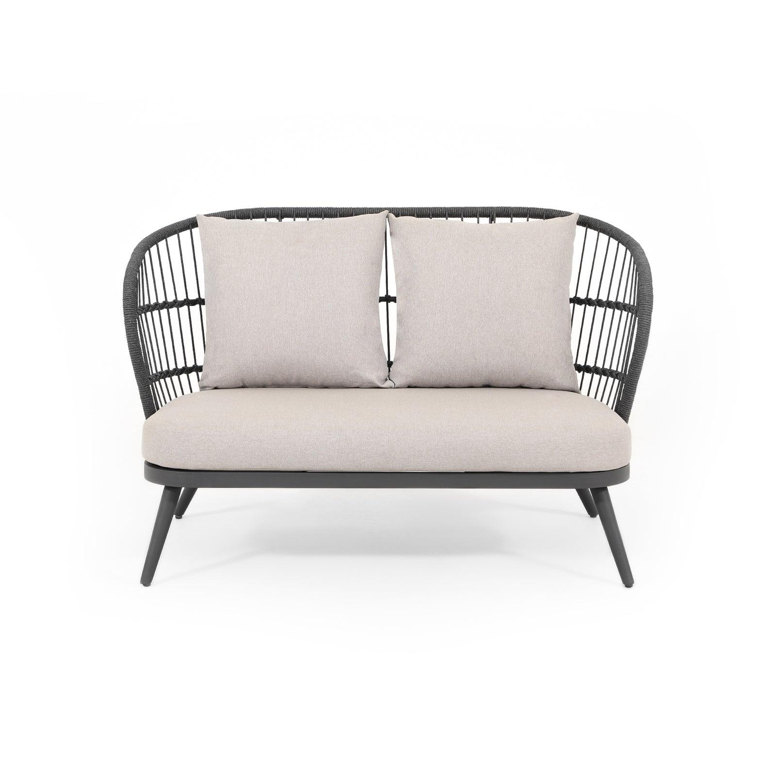 Comino Modern Rope Outdoor Furniture, dark grey loveseat with aluminum frame, backrest rope design, light grey cushions, front - Jardina Furniture