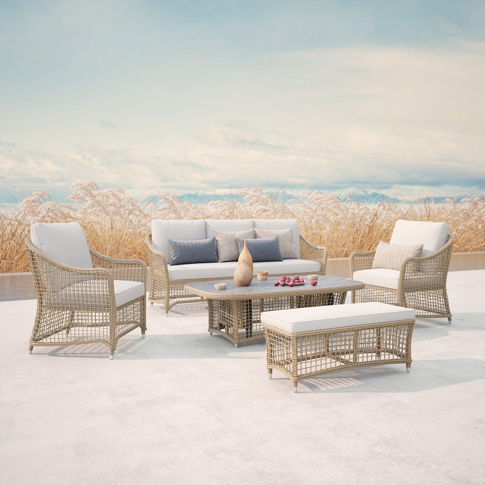 Irati Modern Wicker Outdoor Furniture, 5-Piece natural color outdoor seating set with aluminum frame, Creamy-white cushions, 1 three-seater sofa, 2 armchairs, 1 bench, 1 lift top dining table Jardina Furniture #color_Natural