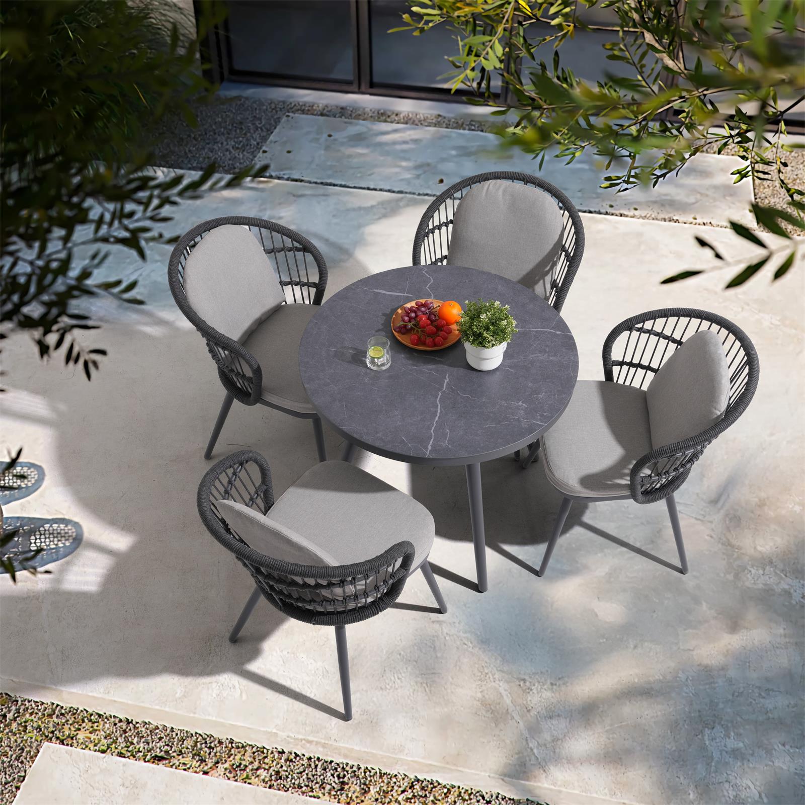 Comino Aluminum 4-Person Patio Dining Set with Round Table, Ceramic Glass
