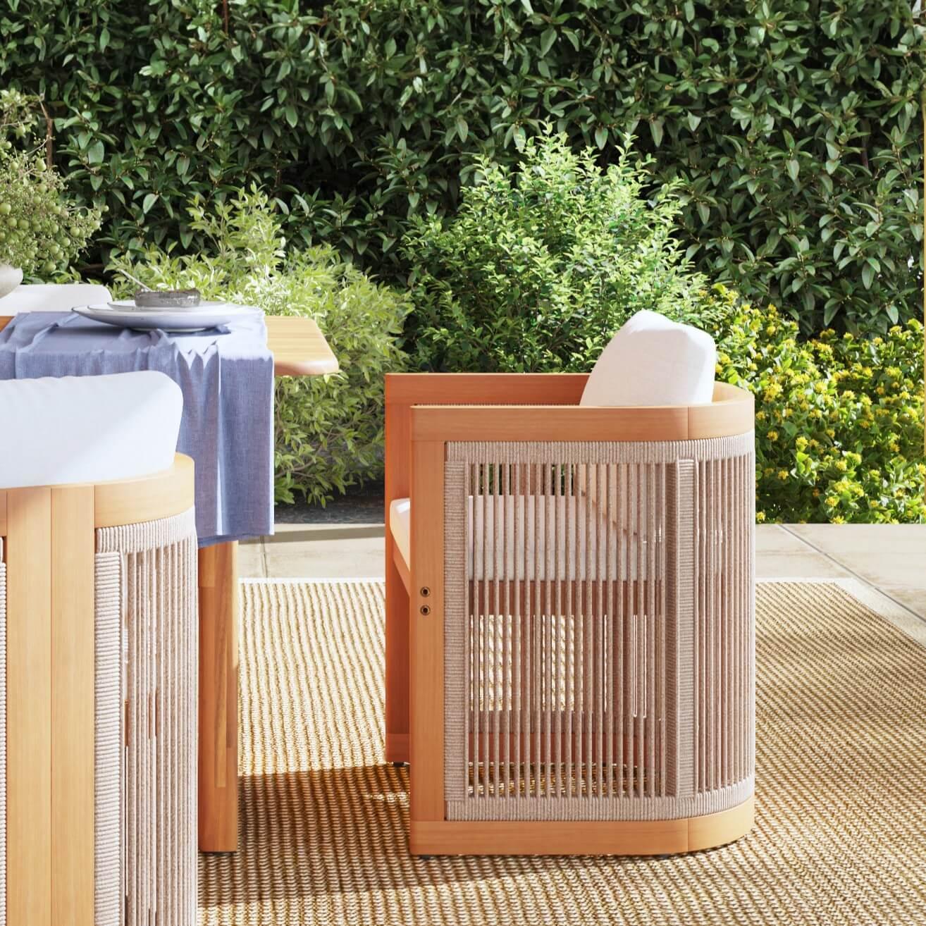 acacia wooden frame outdoor patio chair with woven rope design details- Jardina Modern Premium Patio Outdoor Furniture