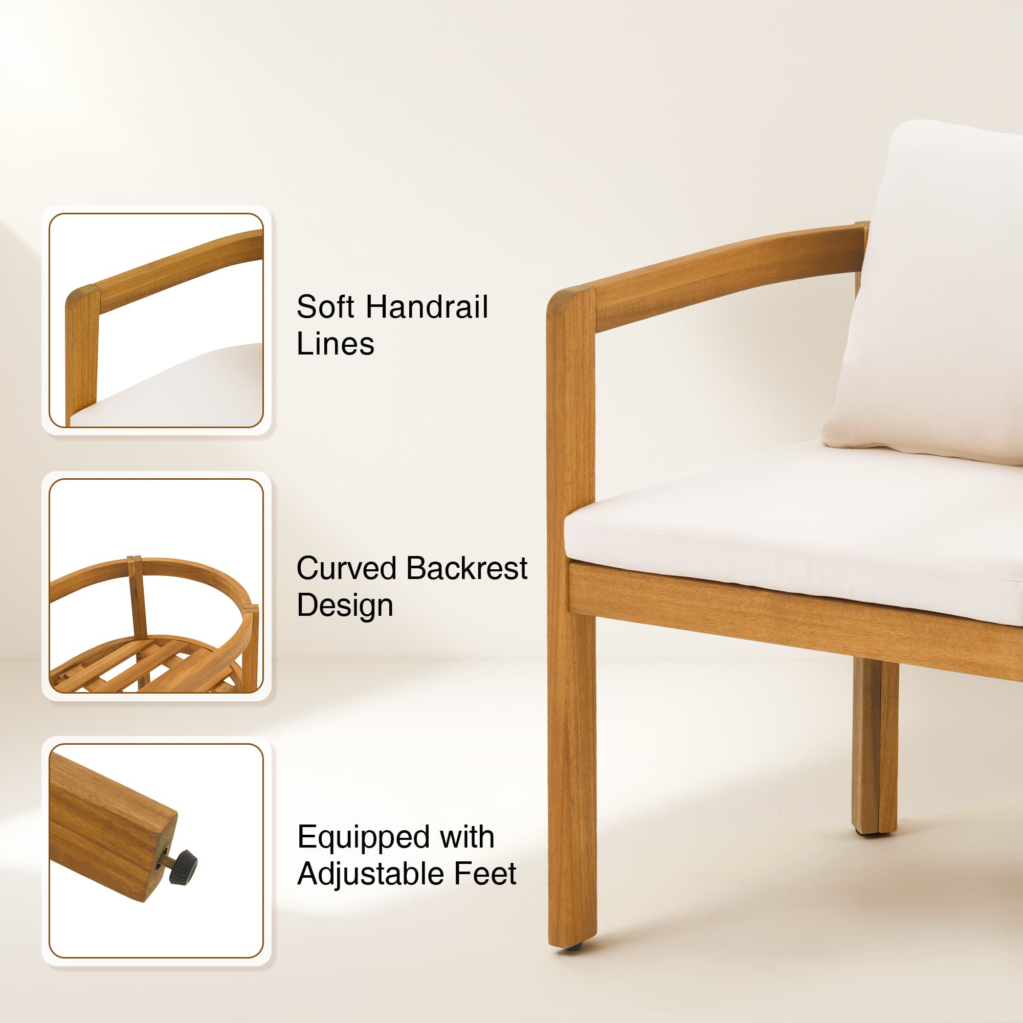 acacia Wooden chair with white cushion, featuring soft handrail lines, curved backrest design, and adjustable feet- Jardina Modern Premium Patio Outdoor Furniture