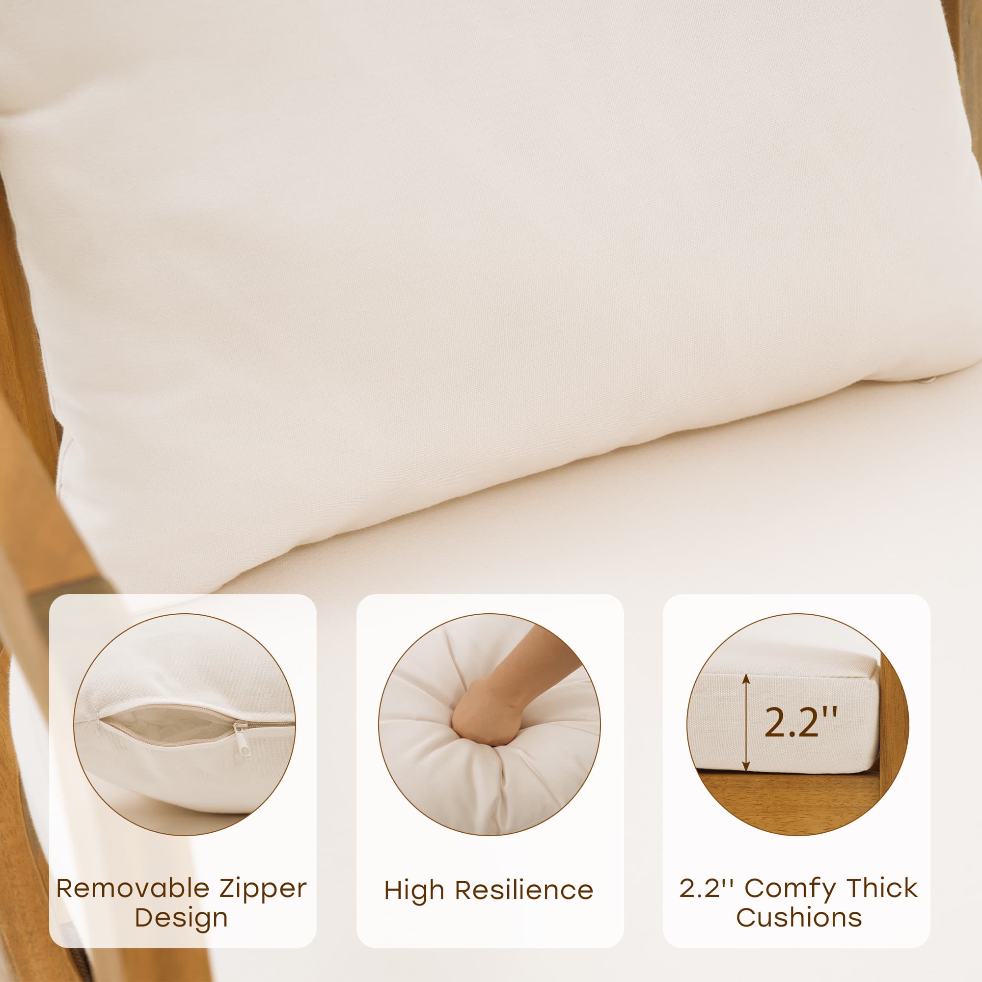 Beige cushions with text highlighting features like removable zipper, high resilience, and thick cushions- Jardina Modern Premium Patio Outdoor Furniture