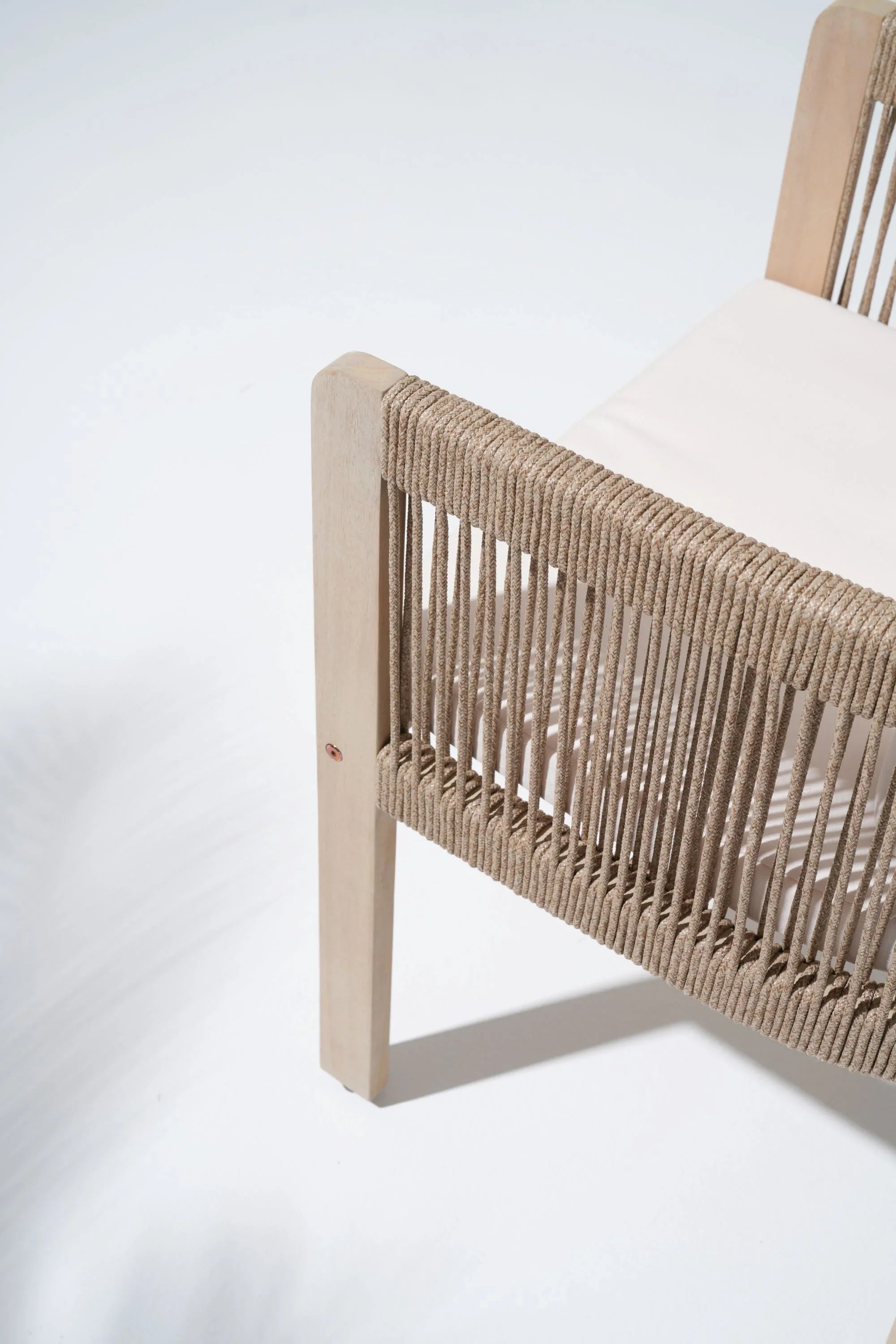Wooden chair with woven rope armrest detail - Jardina Modern Premium Outdoor Patio Furniture