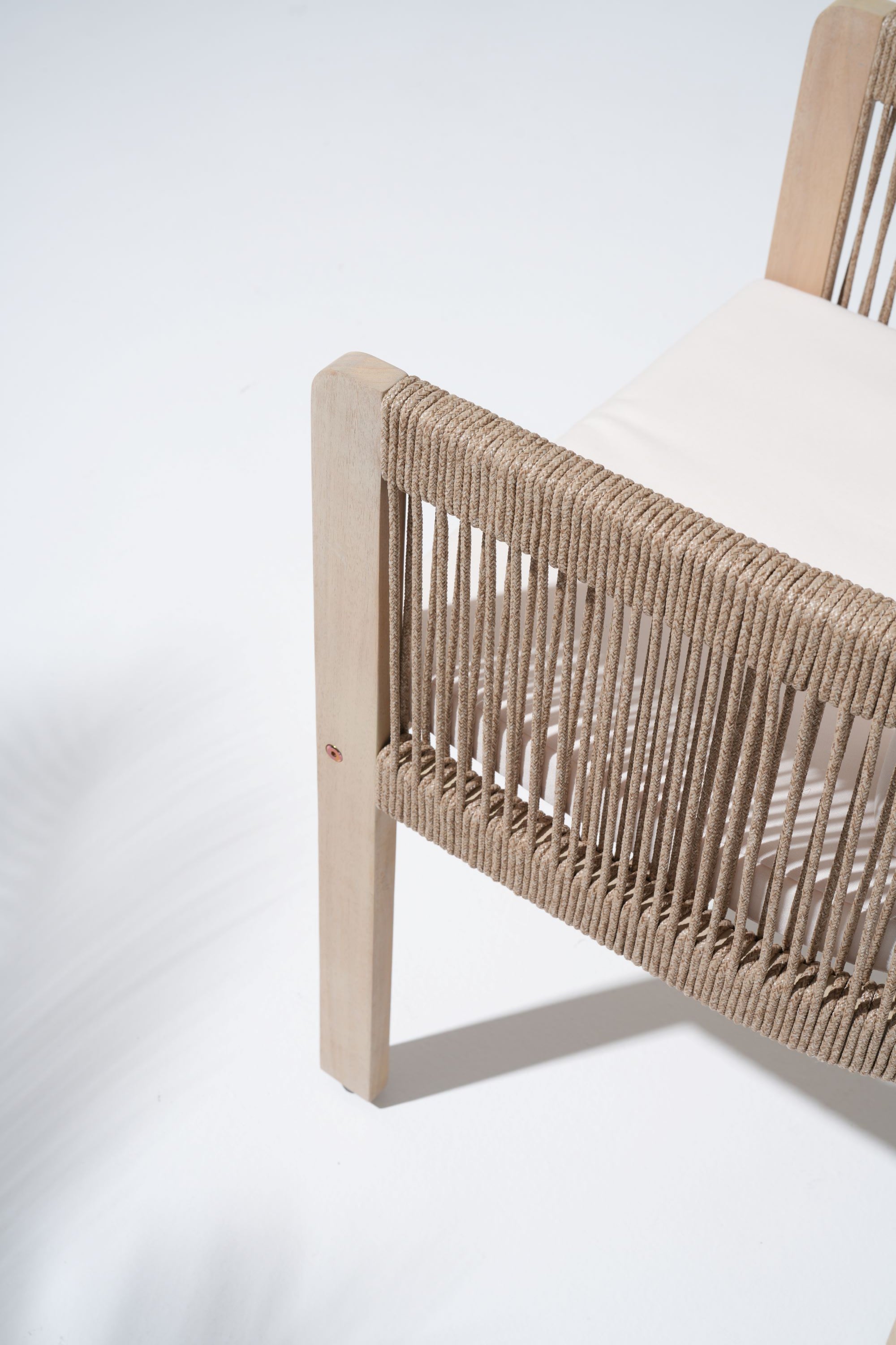Wooden chair with woven rope armrest detail - Jardina Modern Premium Outdoor Patio Furniture