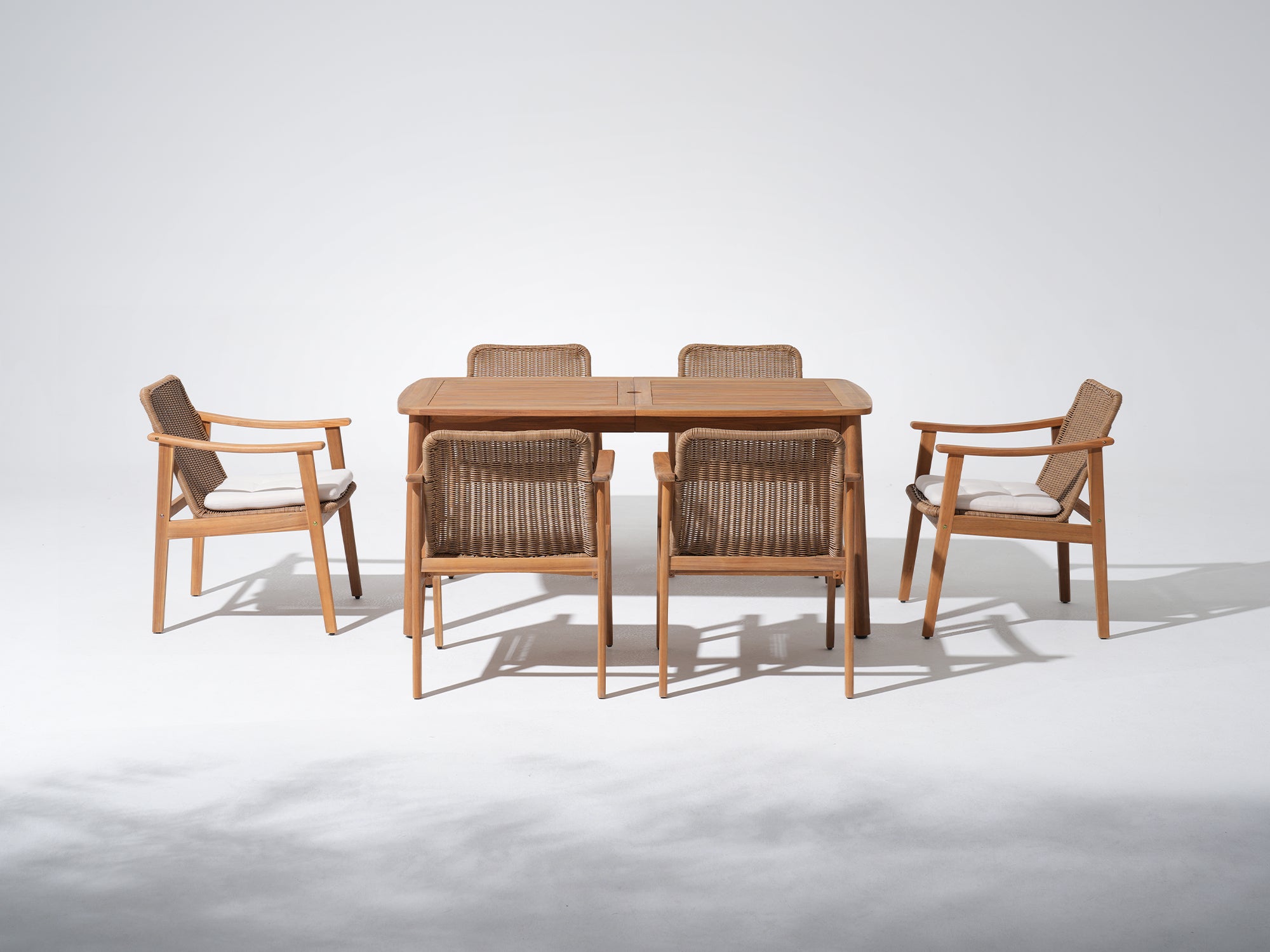 Woven rattan & acacia Wood Outdoor Dining Set with Umbrella Hole for 6 People, 63" Tapered Legs - Jardina Premium Modern Outdoor Dining Furniture