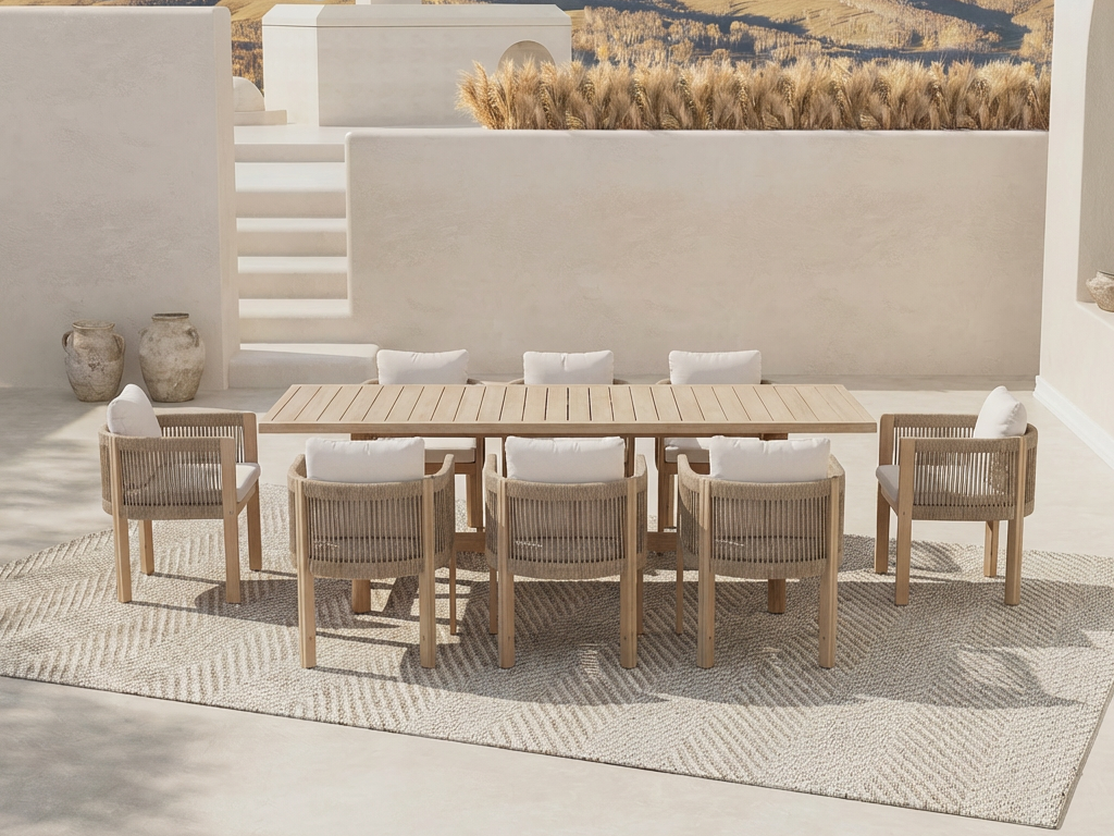 Outdoor dining set for 8 with rectangular acacia wooden table and woven rope chairs - Jardina Premium Modern Outdoor Dining Furniture
