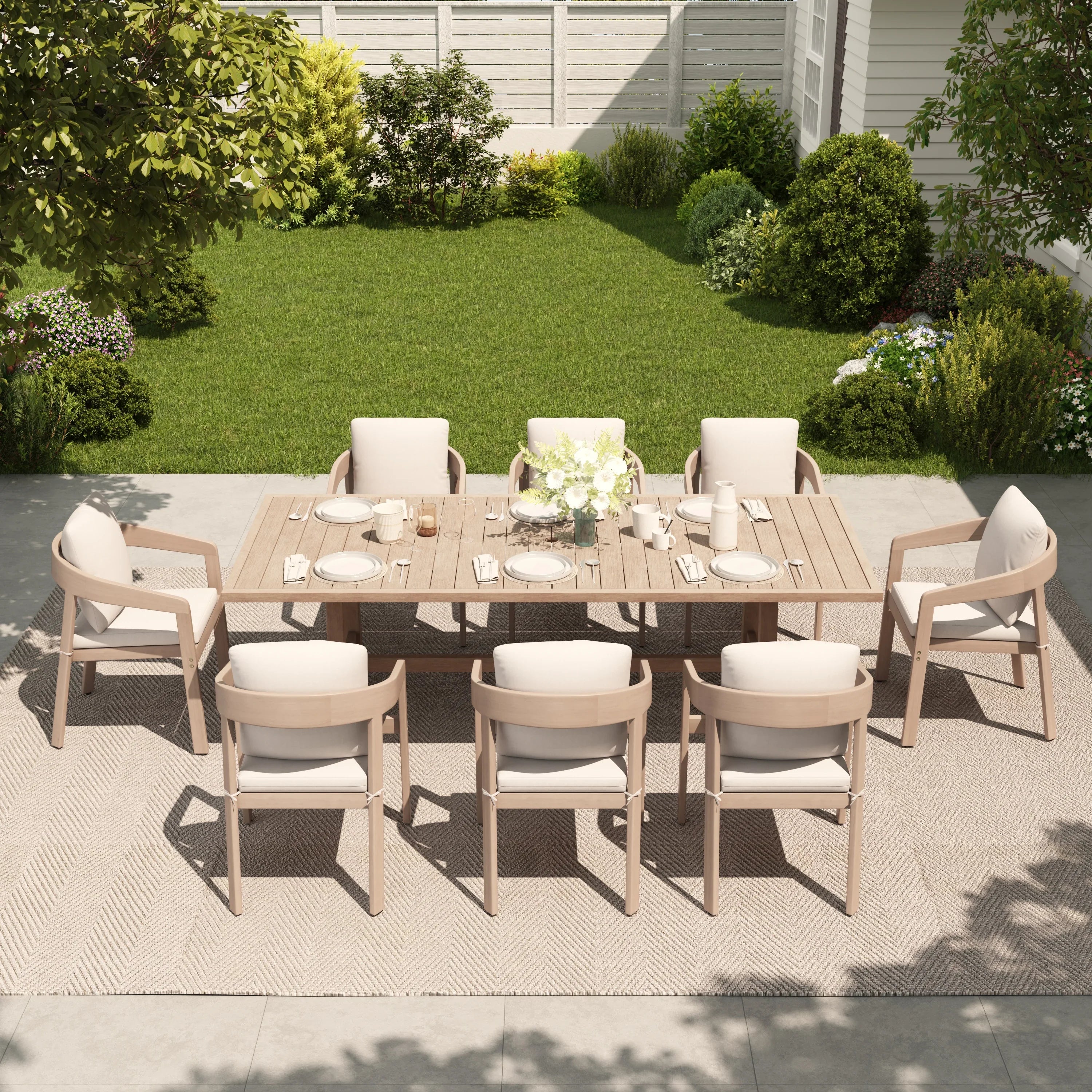 Outdoor dining set for 8 with an acacia wooden table with umbrella hole and curved Eucalyptus chairs - Jardina Premium Modern Outdoor Dining Furniture