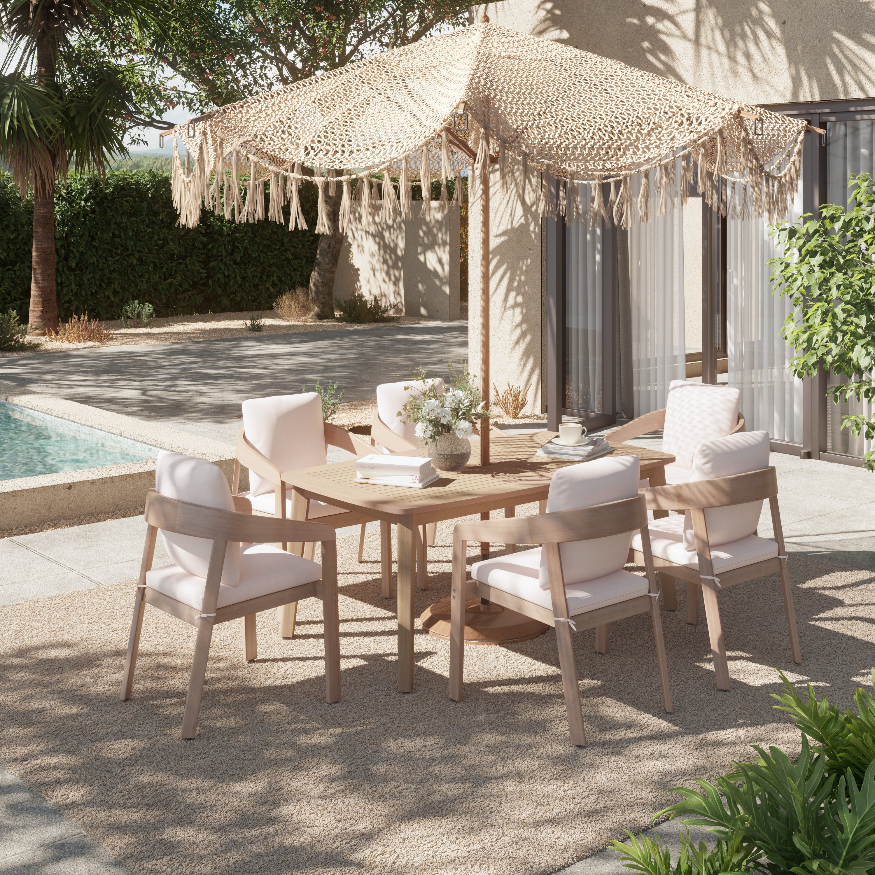 Outdoor Eucalyptus Wood Dining Set for 6 People with Rope Design Chairs & Umbrella Hole , 63" Tapered Legs - Jardina Premium Modern Outdoor Dining Furniture