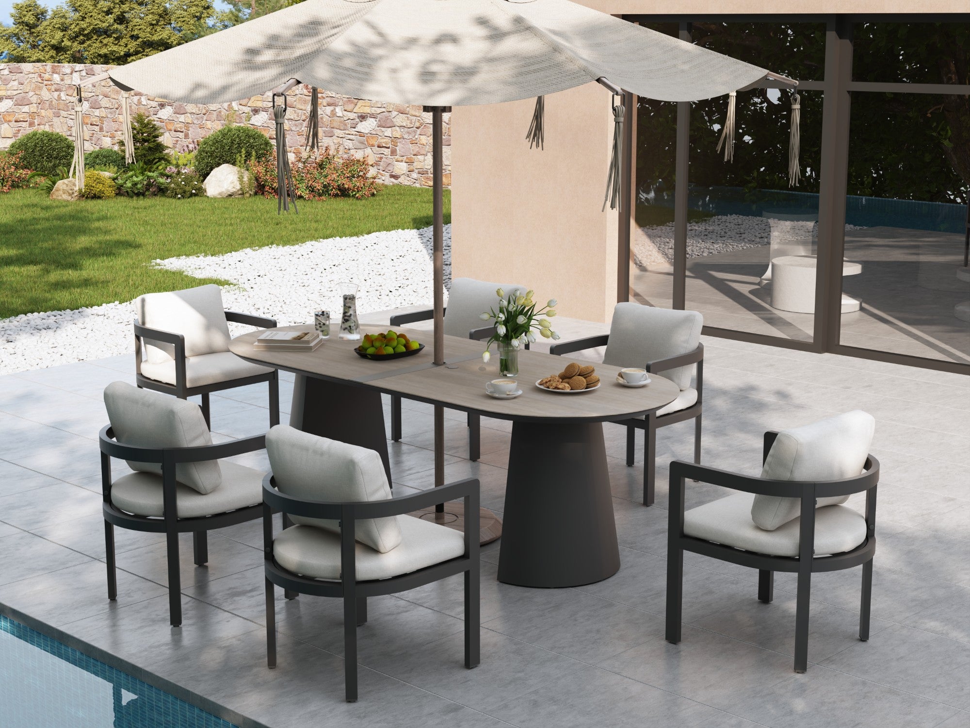 Vela Outdoor Aluminum Dining set, Dark Grey Frame & Tempered Glass Tabletop, 6 Seats