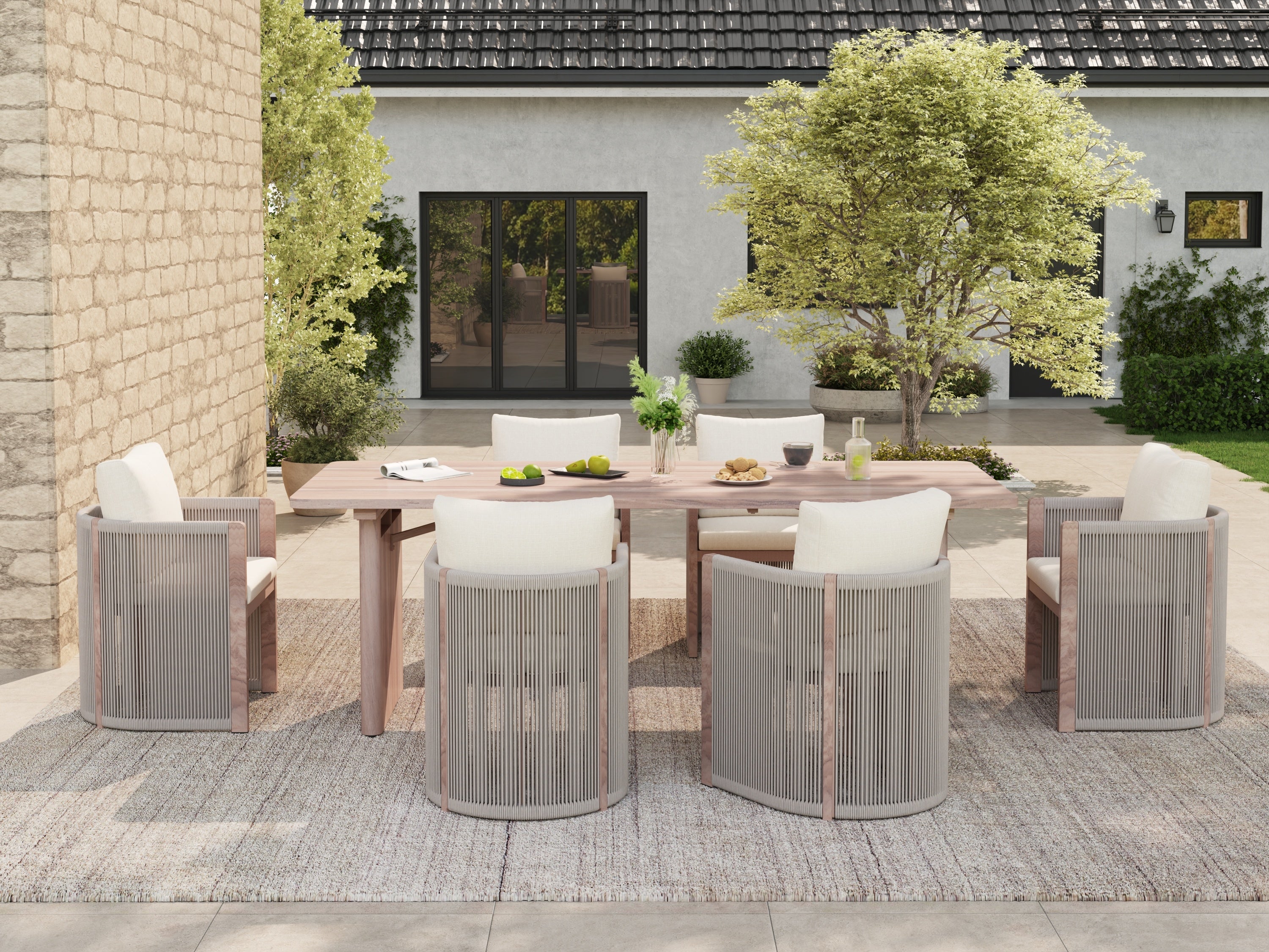 Irati Aluminum Outdoor Dining Set for 6-8 Seats, Light Beige, Rope Design, 86.6" Table