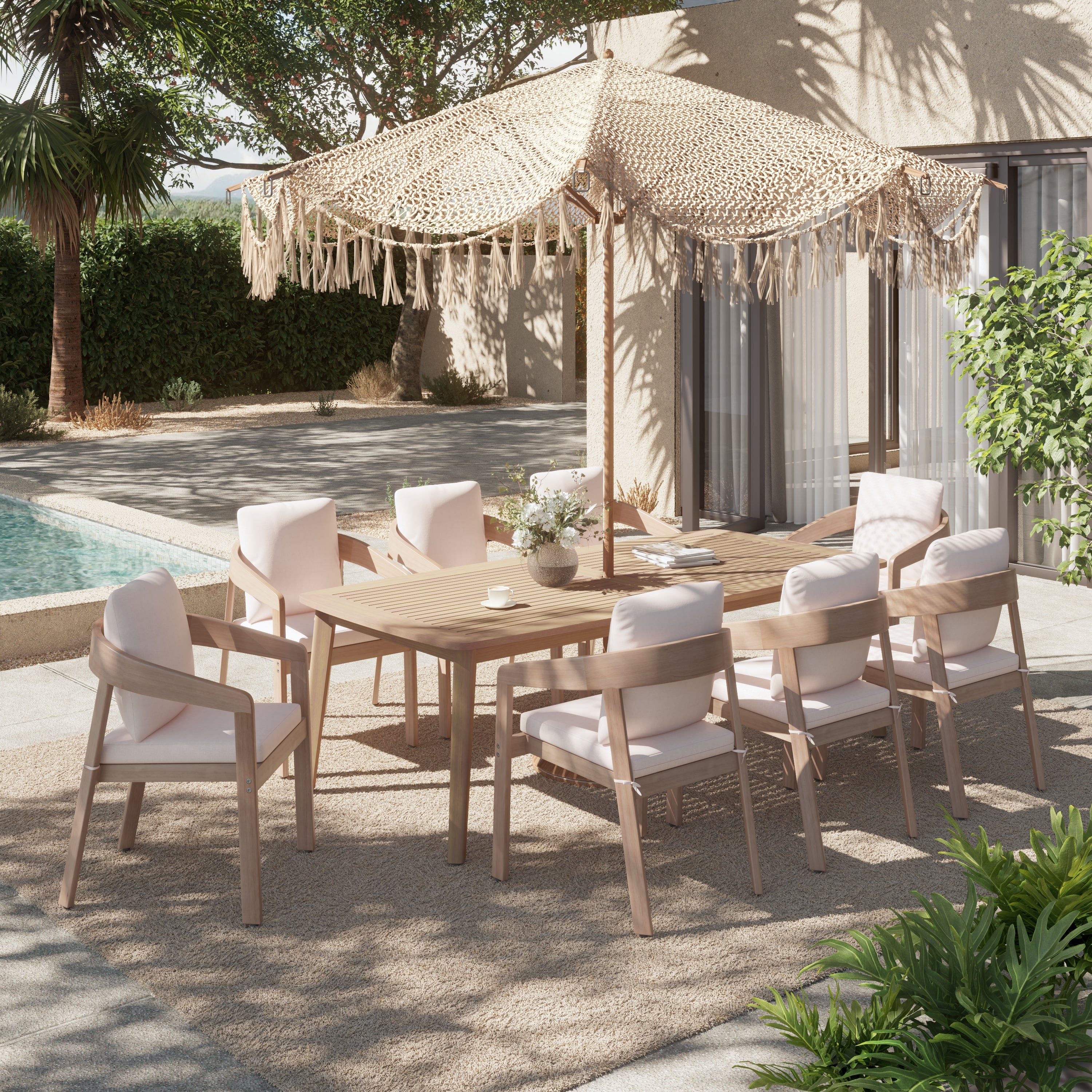 Eucalyptus wood Outdoor dining set for 8 with umbrella hole design and curved chairs - Jardina Premium Modern Outdoor Dining Furniture