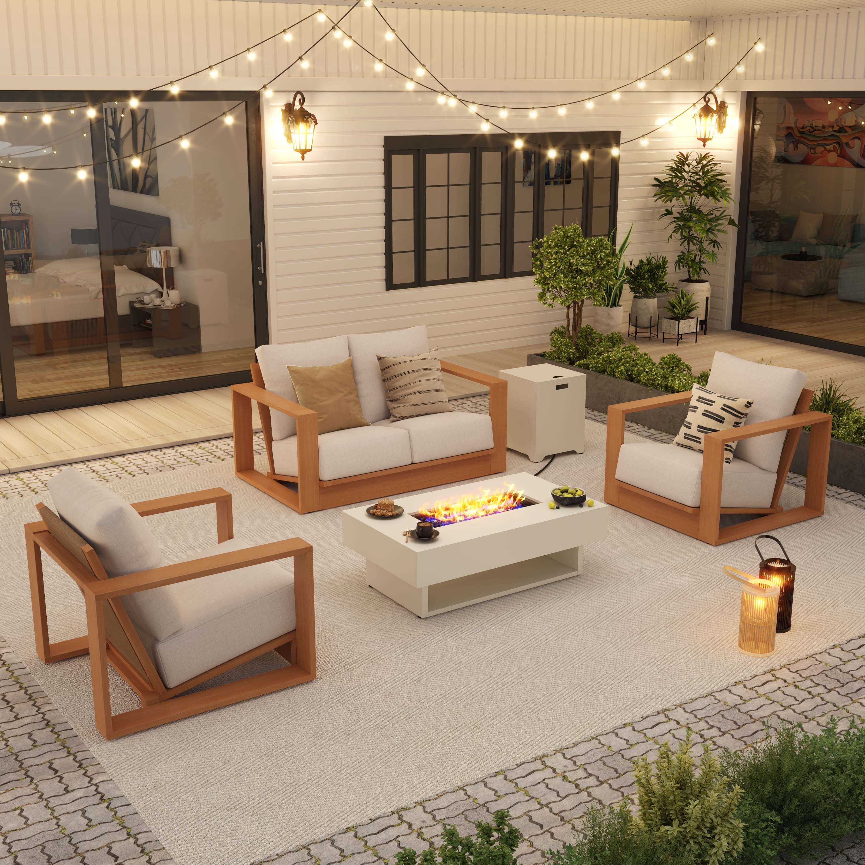 4 Seats Eucalyptus Wooden Outdoor Furniture Set with Fire Pit table, Angled seat, Rope Backrest