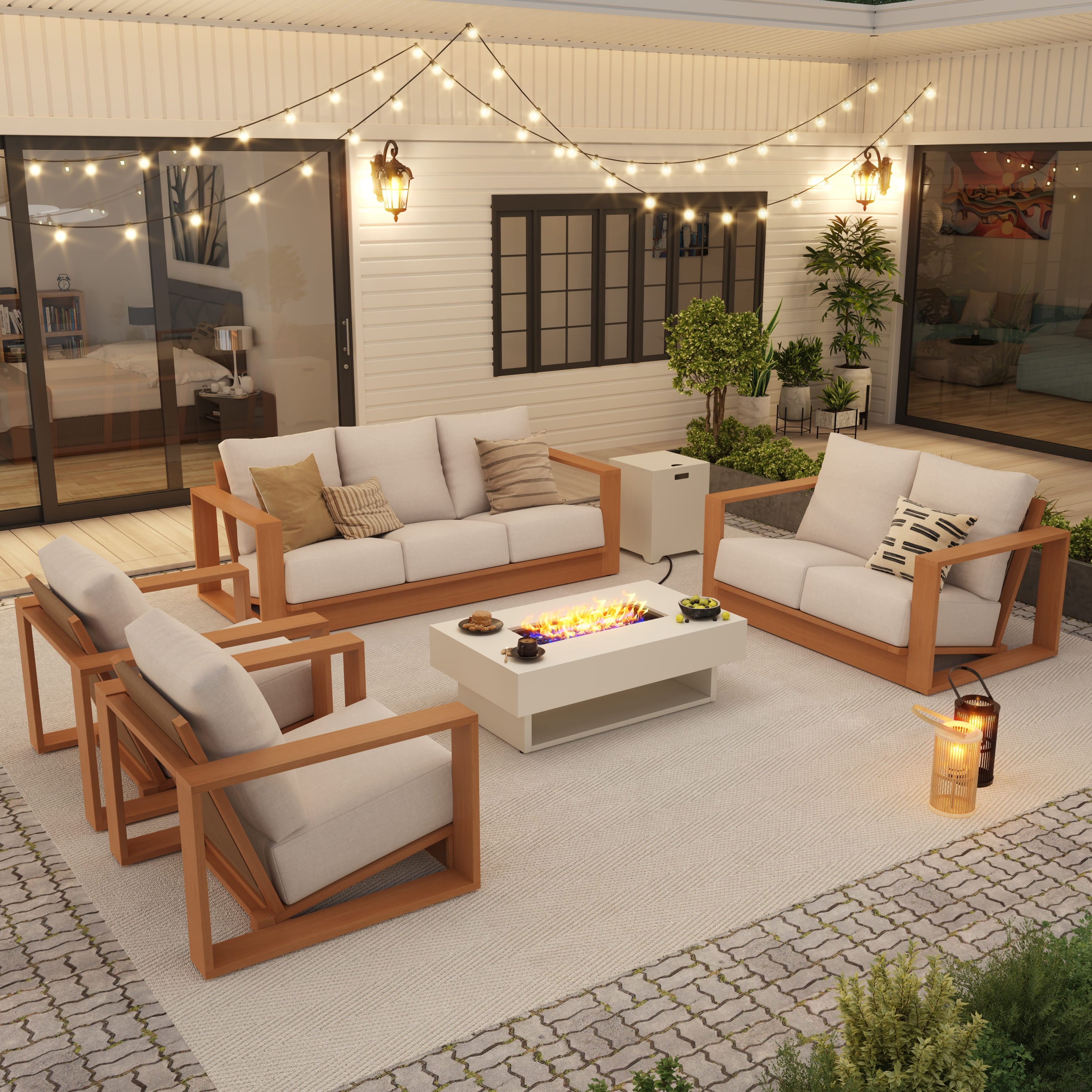 7 Seats Eucalyptus Wooden Outdoor conversation Set with Fire Pit Table, Angled seat, Rope Backrest