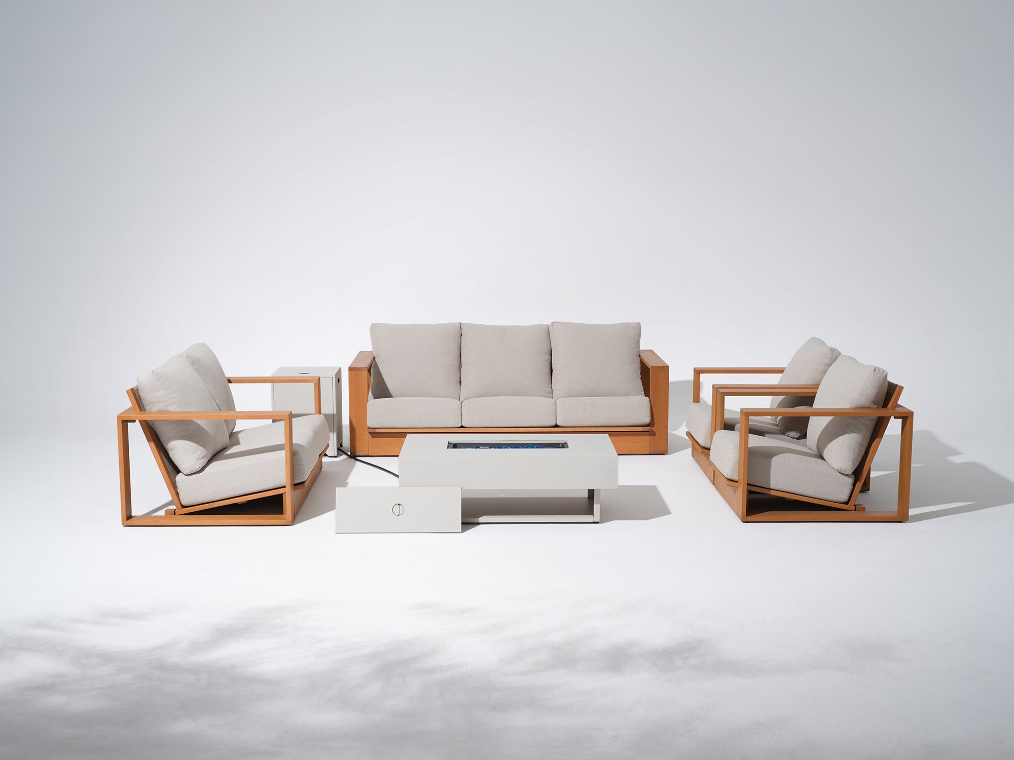 7 Seats Eucalyptus Wooden Outdoor Sofa Set with Fire Pit Table, Angled seat, Rope Backrest