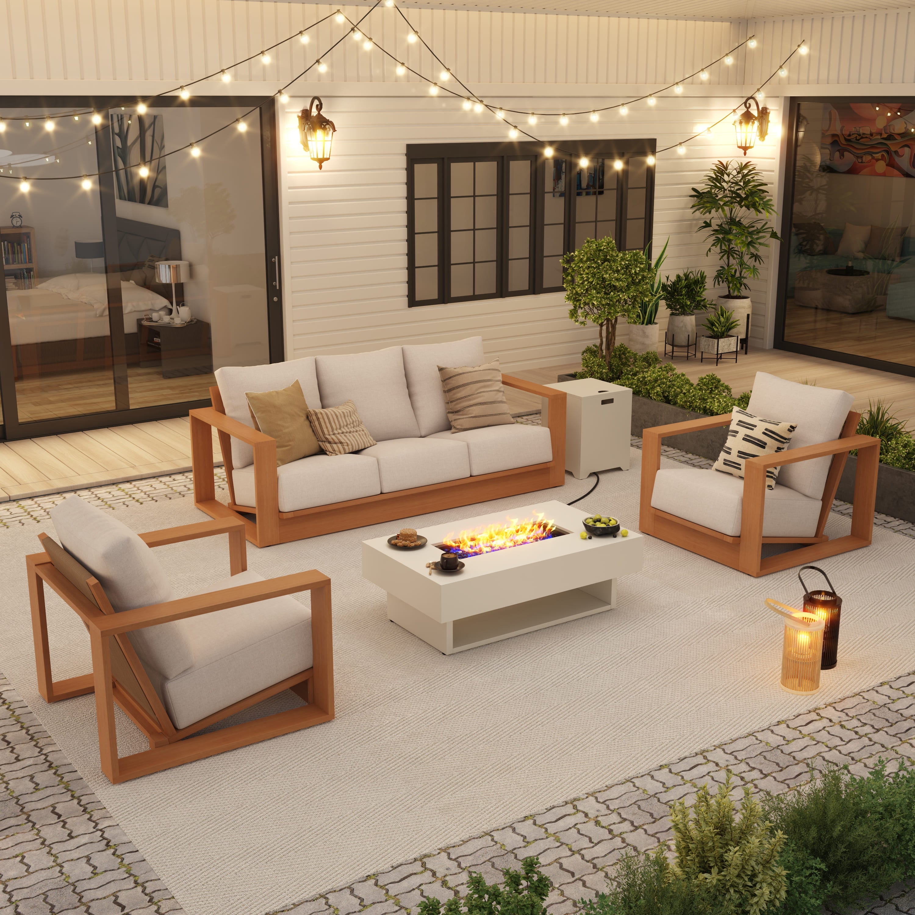5 Seats Eucalyptus Wooden Outdoor patio Set with Fire Pit table, Angled seat, Rope Backrest