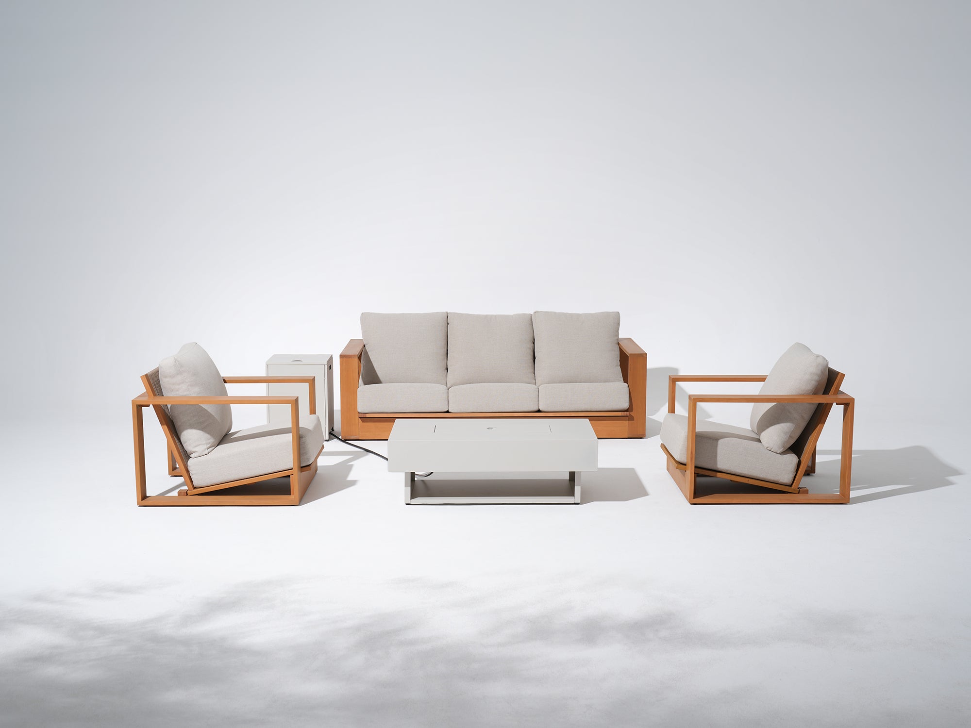 5 Seats Eucalyptus Wooden Outdoor Sofa Set with Fire Pit, Angled seat, Rope Backrest