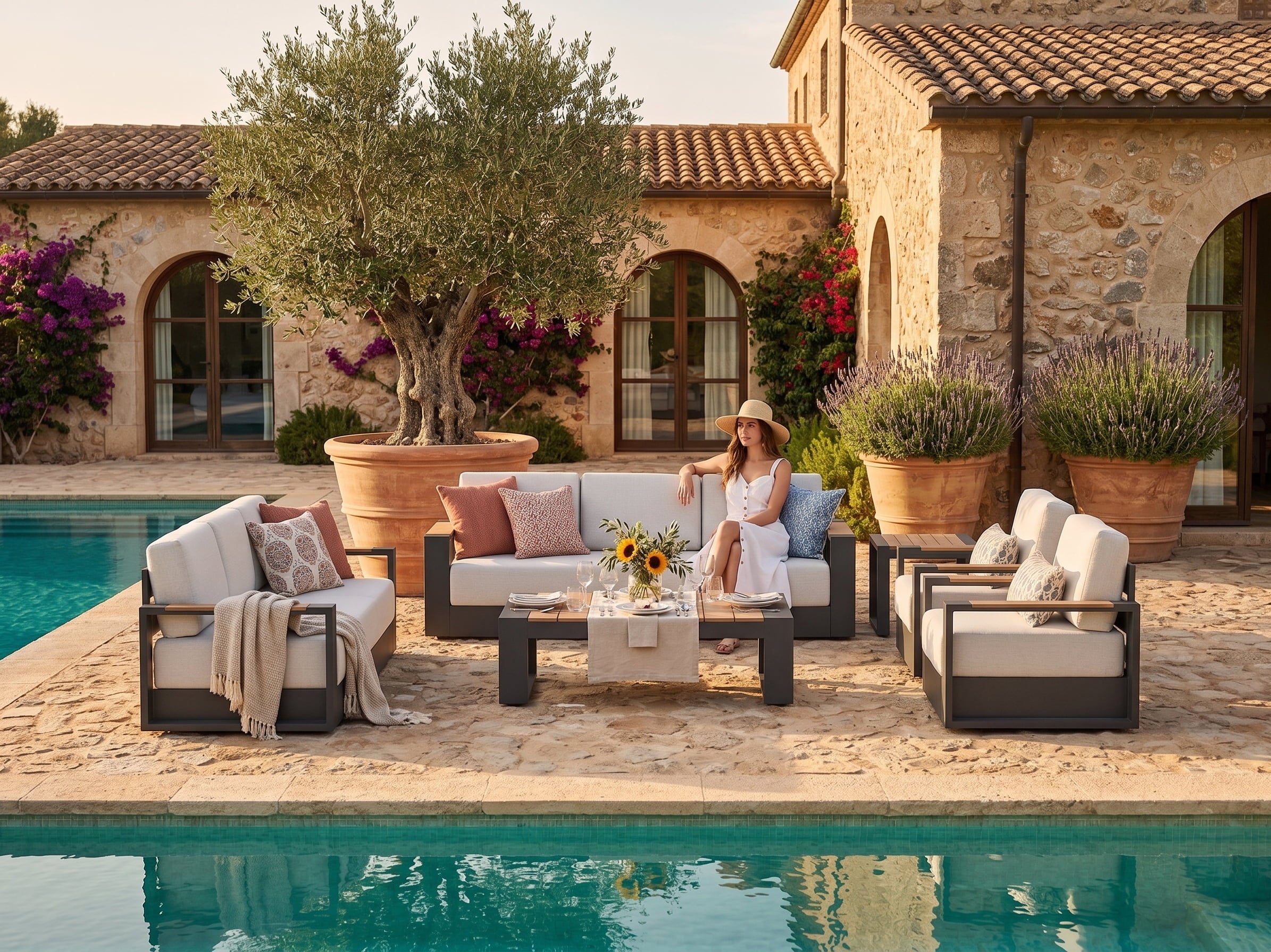 Addison Modern Metal Outdoor Sofa Set, Charcoal Aluminum, Swivel Chairs, 8 Seats
