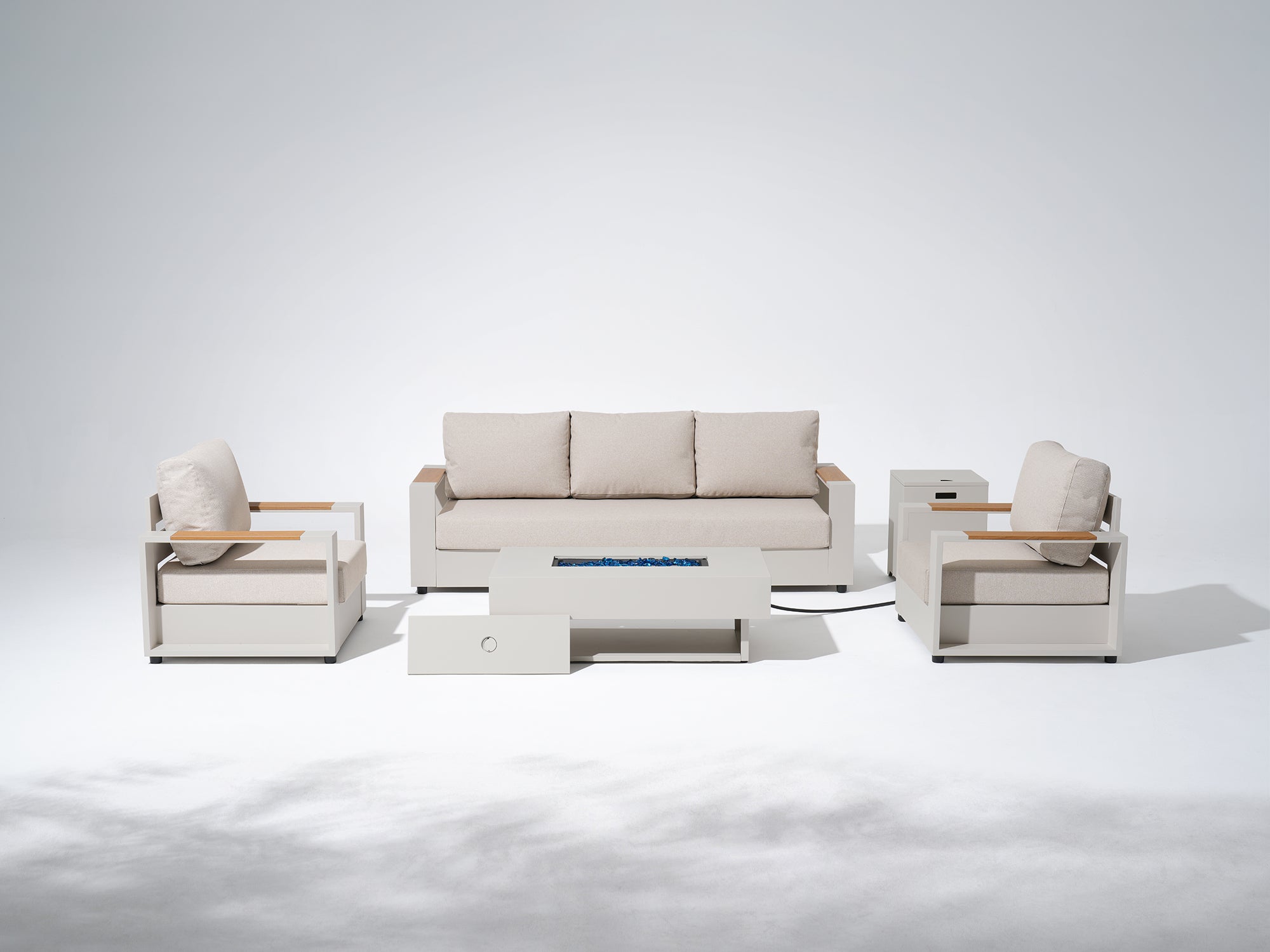 Addison Aluminum Outdoor Conversation Set with Fire Pit, Linen Olefin Cushion