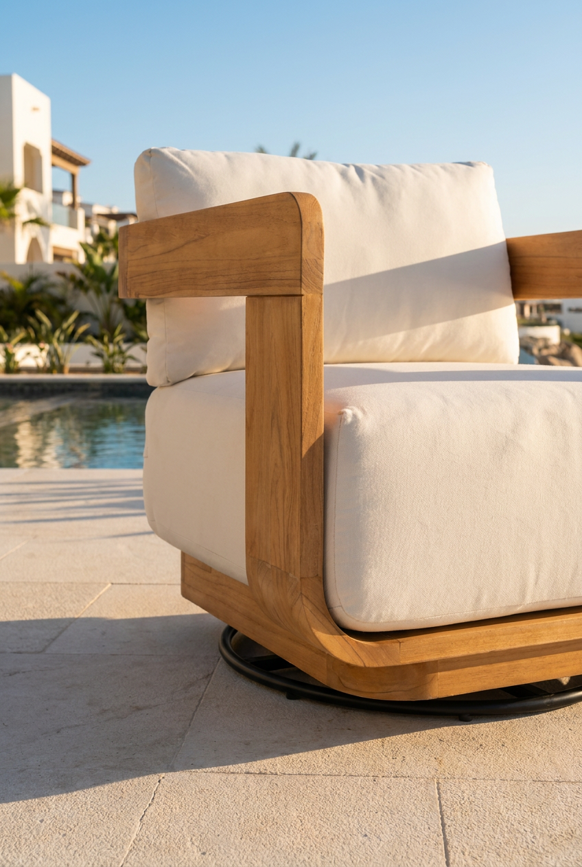 Sintra 6-Piece FSC Solid Teak Outdoor Conversation Set with Swivel Chairs, White Cushions
