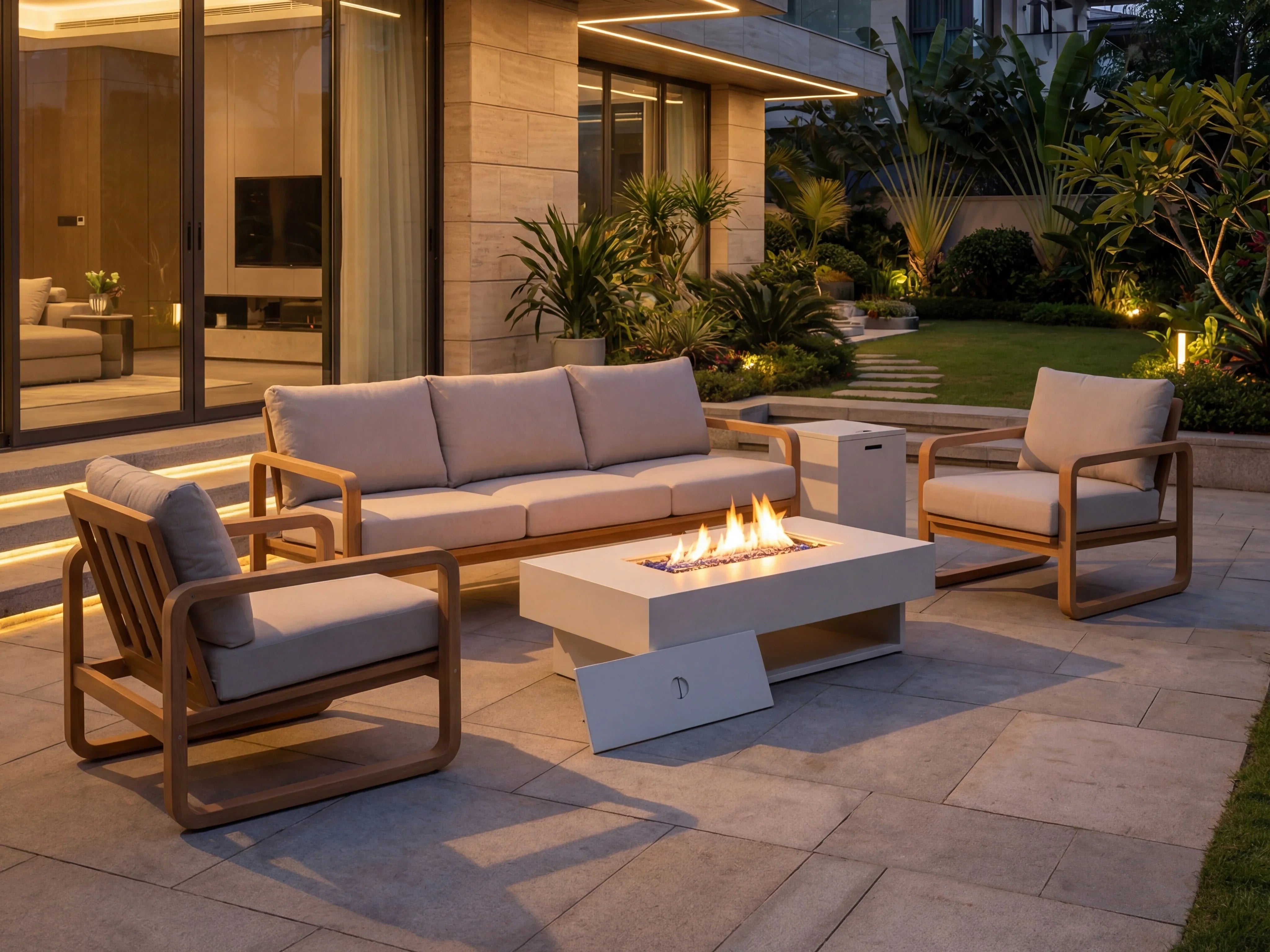 5 seats acacia wood Outdoor patio fire pit set with cushions- Jardina Modern Premium Outdoor Patio Furniture Sets