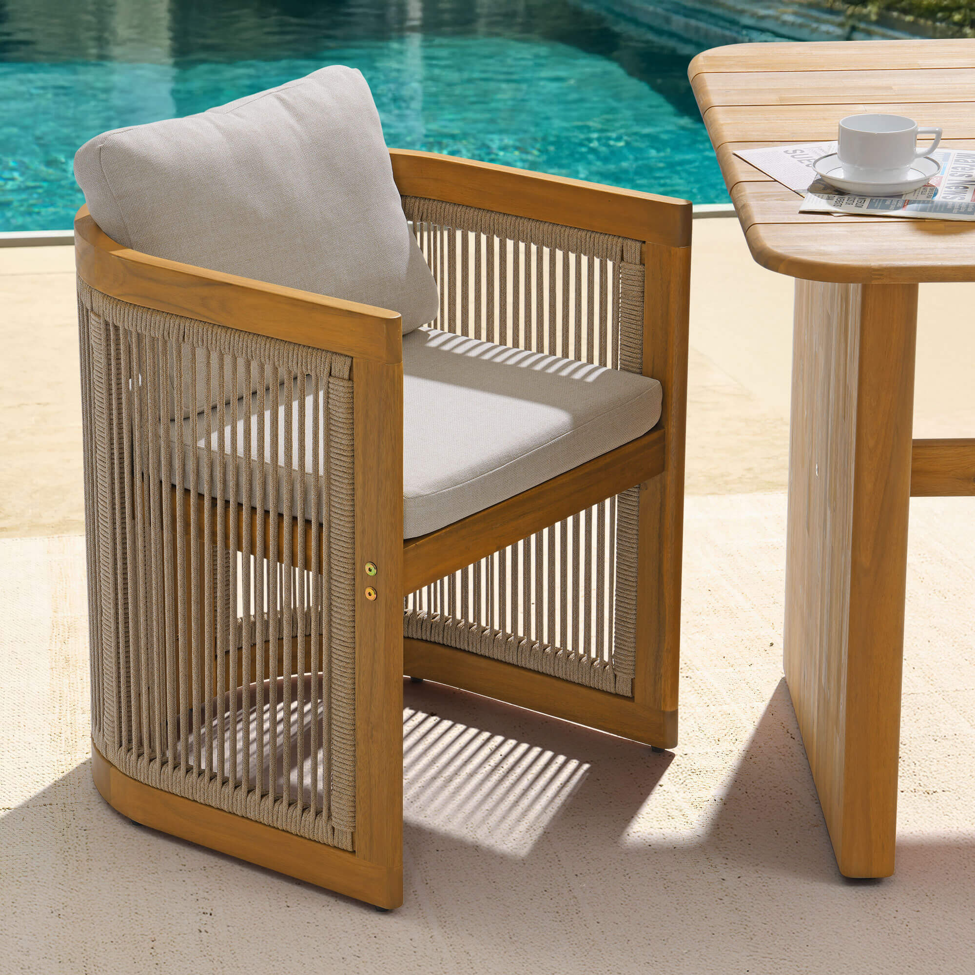 rope and acacia Wooden dining chair with white cushion- Jardina Modern Premium Patio Outdoor Furniture