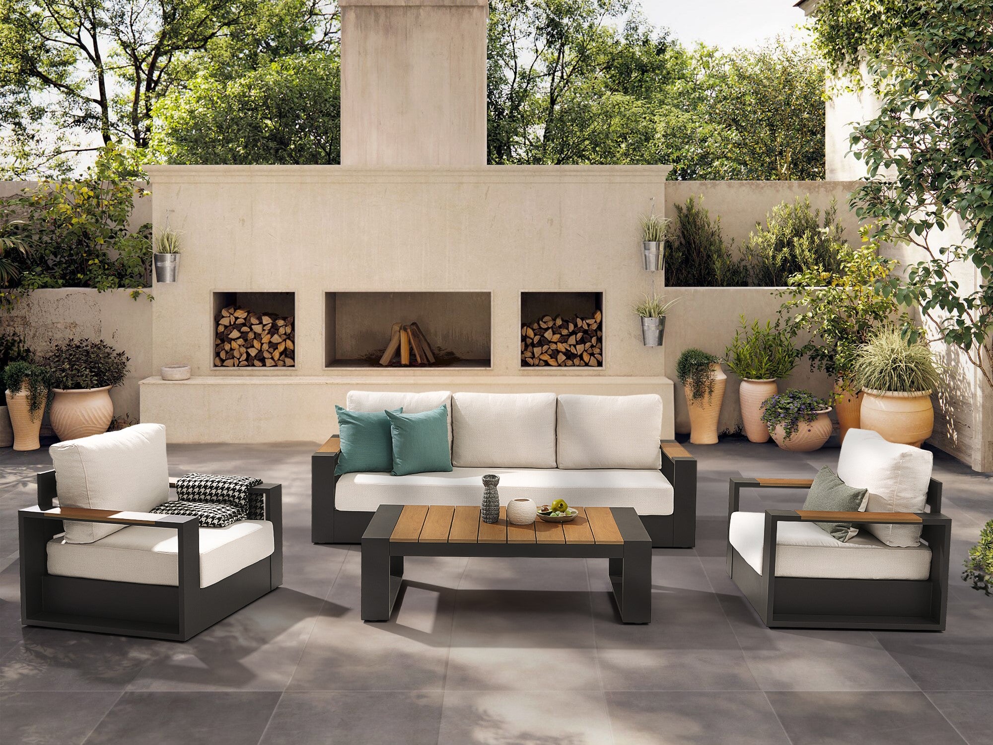 4-pcs Modern Metal Outdoor conversation sofa set, Dark Grey Aluminum Frame, White Cushions, a 3-seat sofa, two single sofa armchairs with wood-top armrests, a rectangular outdoor coffee table with wood-top - Jardina Premium Modern Outdoor Patio Furniture Set