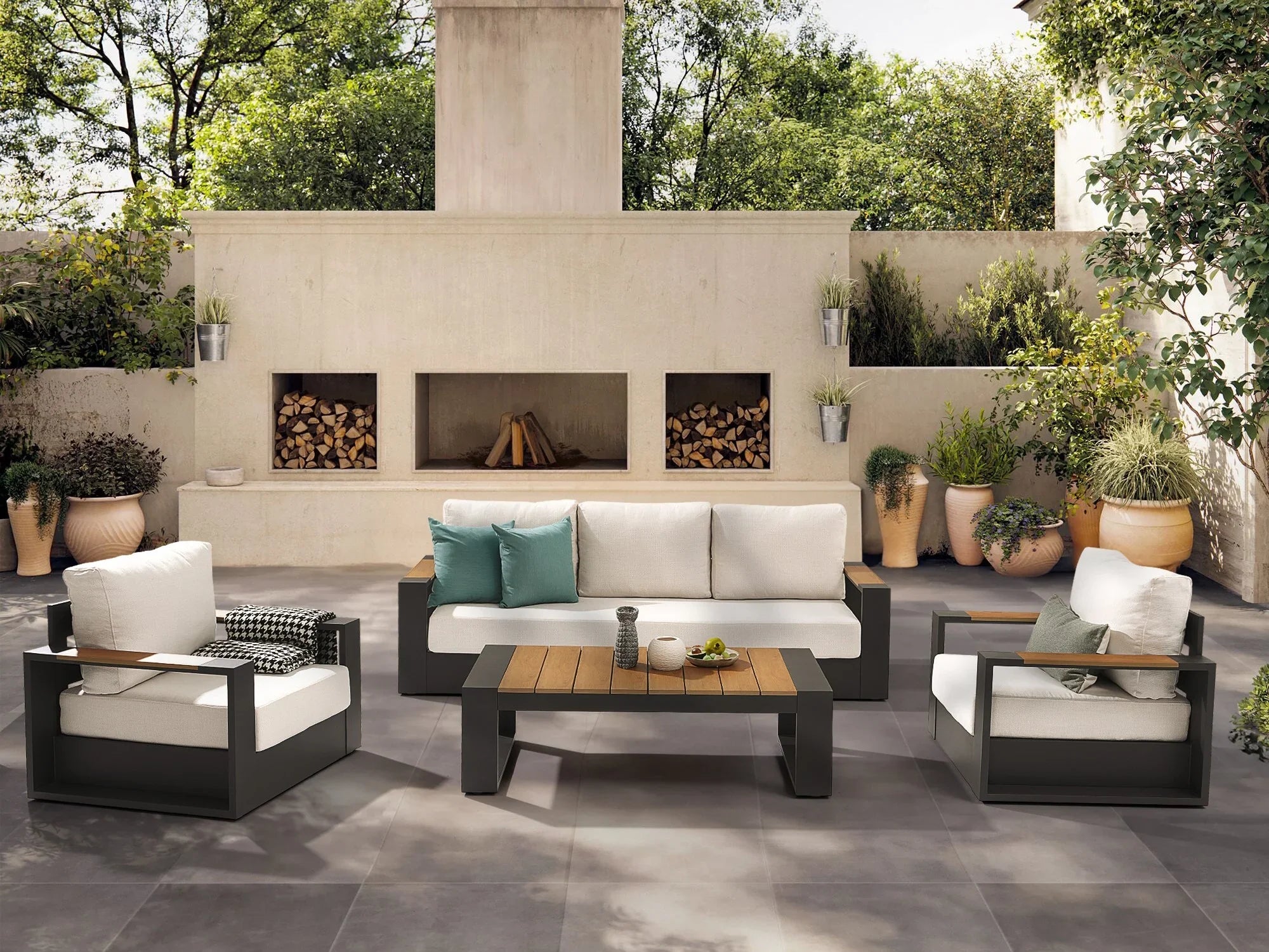 4-pcs Modern Metal Outdoor conversation sofa set, Dark Grey Aluminum Frame, White Cushions, a 3-seat sofa, two single sofa armchairs with wood-top armrests, a rectangular outdoor coffee table with wood-top - Jardina Premium Modern Outdoor Patio Furniture Set