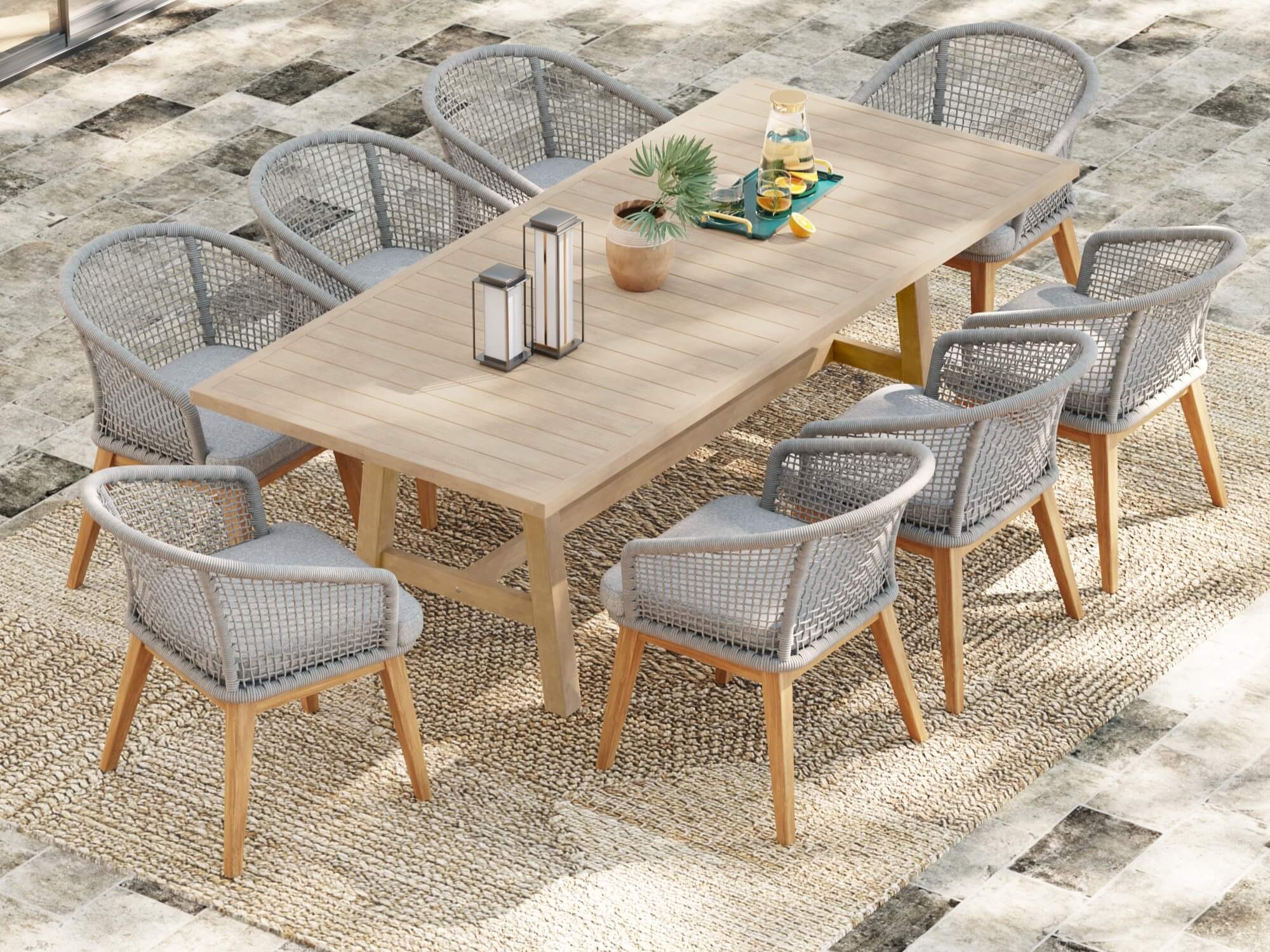 wooden outdoor dining table and gray chairs for 8 with rope design- Jardina Modern Premium Patio Outdoor Furniture#Color_Grey