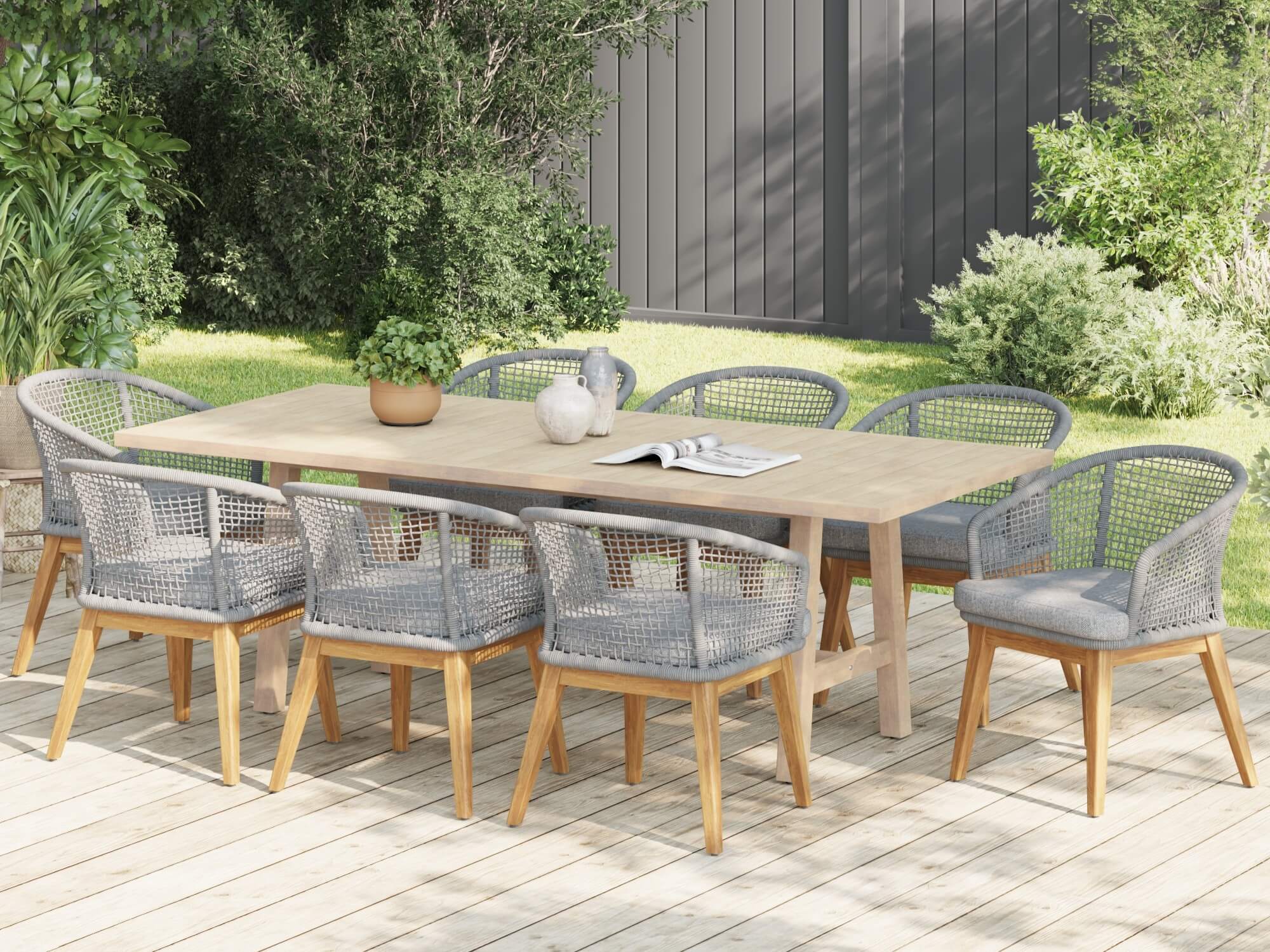 wooden outdoor dining table and gray chairs for 8 with rope design- Jardina Modern Premium Patio Outdoor Furniture#Color_Grey