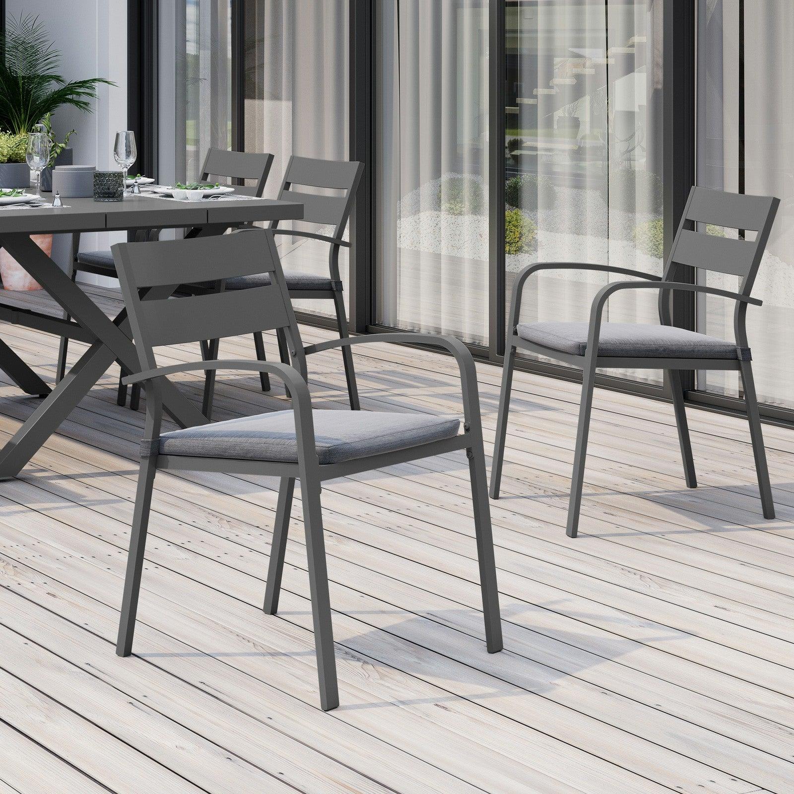 Salina 2 piece grey outdoor Stackable Metal Dining Chairs, grey cushions - Jardina Furniture#color_Dark Grey